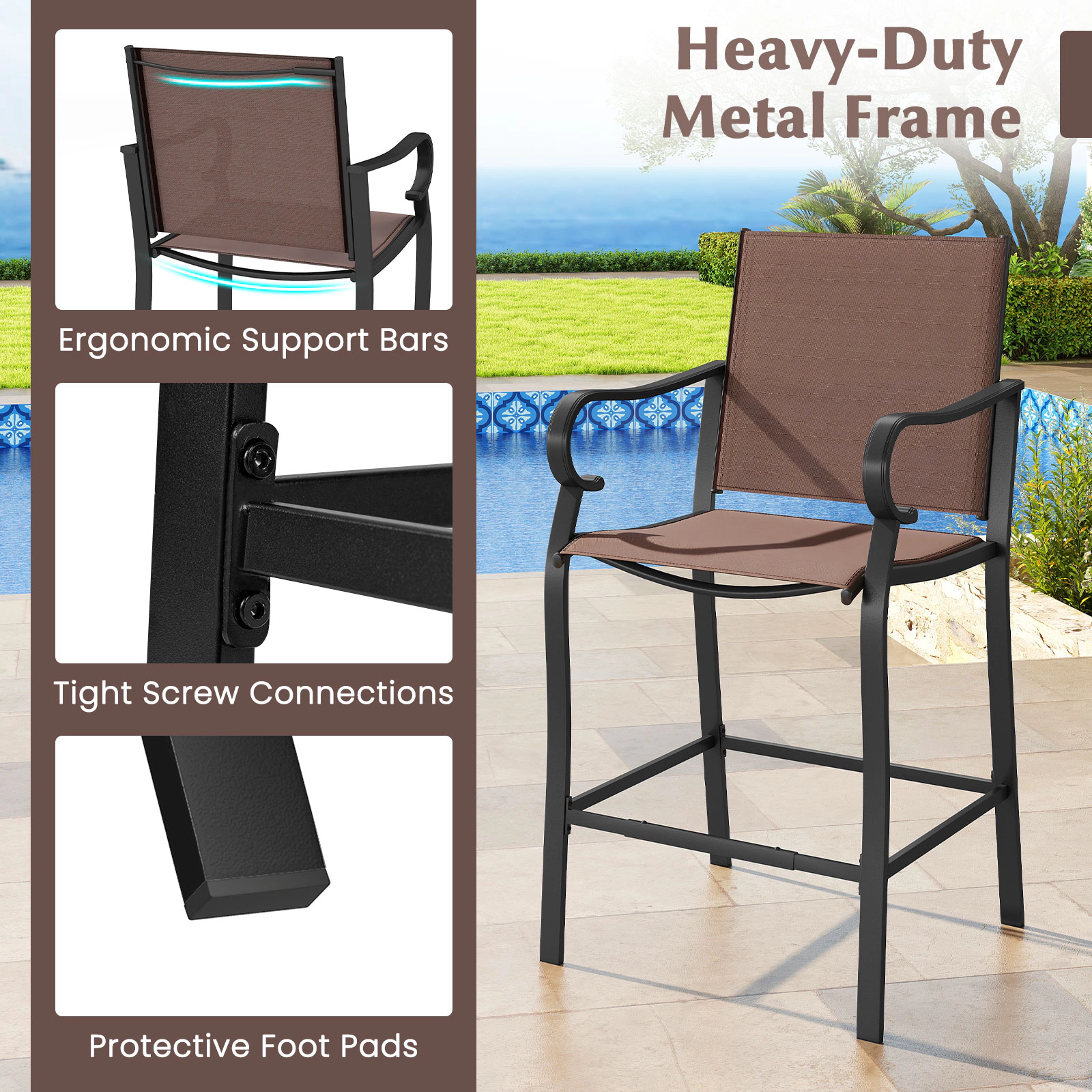 SUGIFT Breathable Mesh Outdoor Counter Height Bar Stools Set of 4 Bar Seating 330-lb Capacity 25.5-in Seat Height Brown