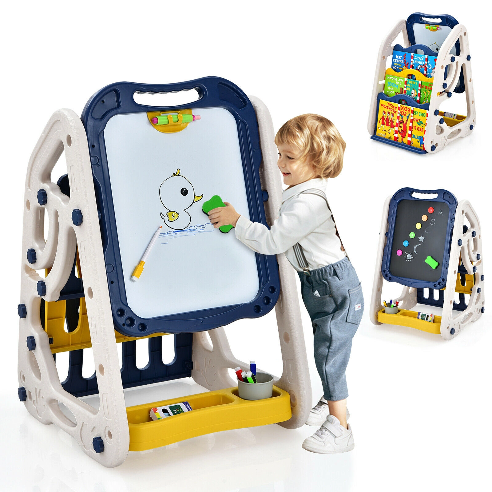3-in-1 Kids Art Easel Double-Sided Whiteboard Chalkboard Bookshelf 32-Piece Accessory Set Ages 3 and Up Blue
