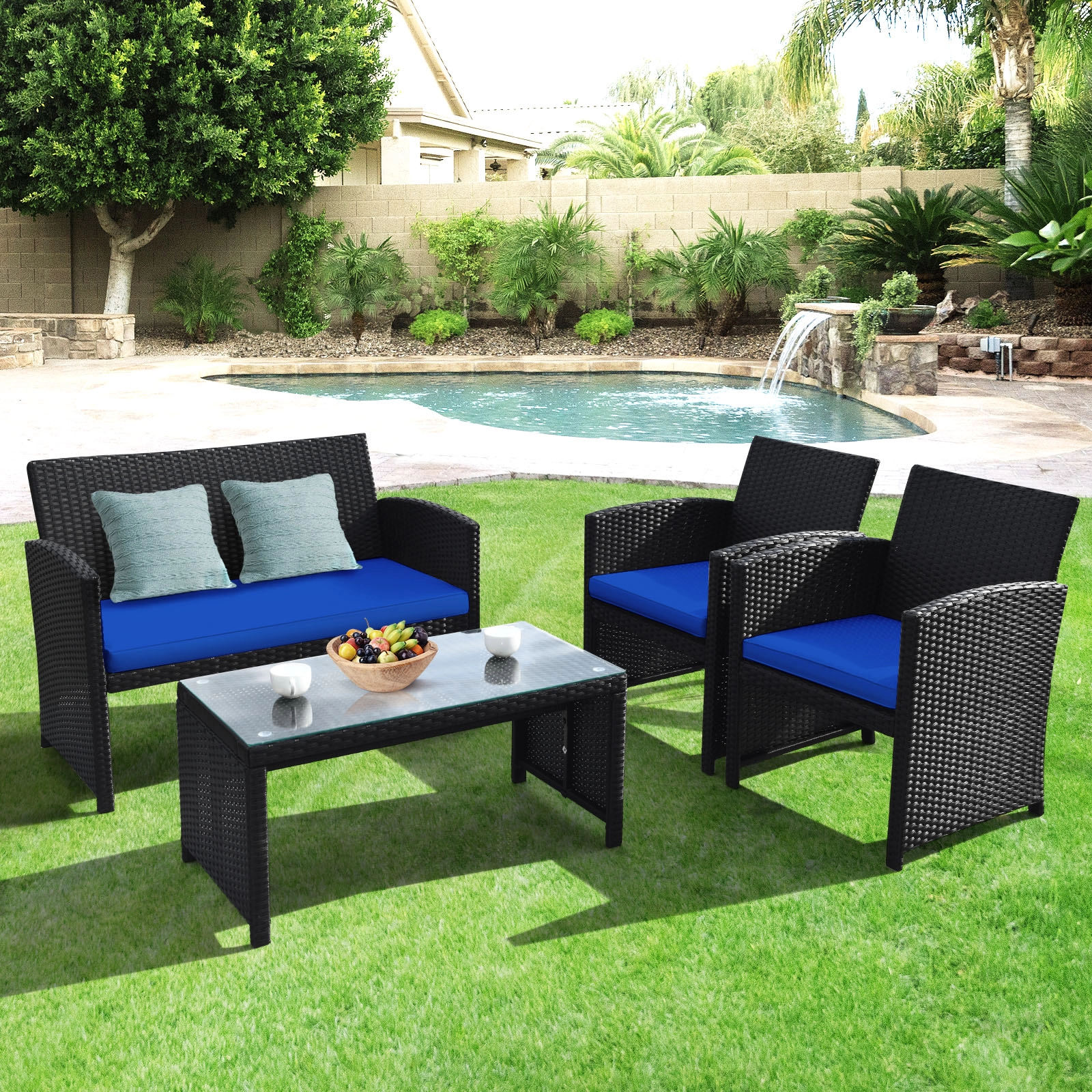 SUGIFT 4-Piece Black PE Rattan Patio Set with Loveseat, 2 Sofas and Glass Table