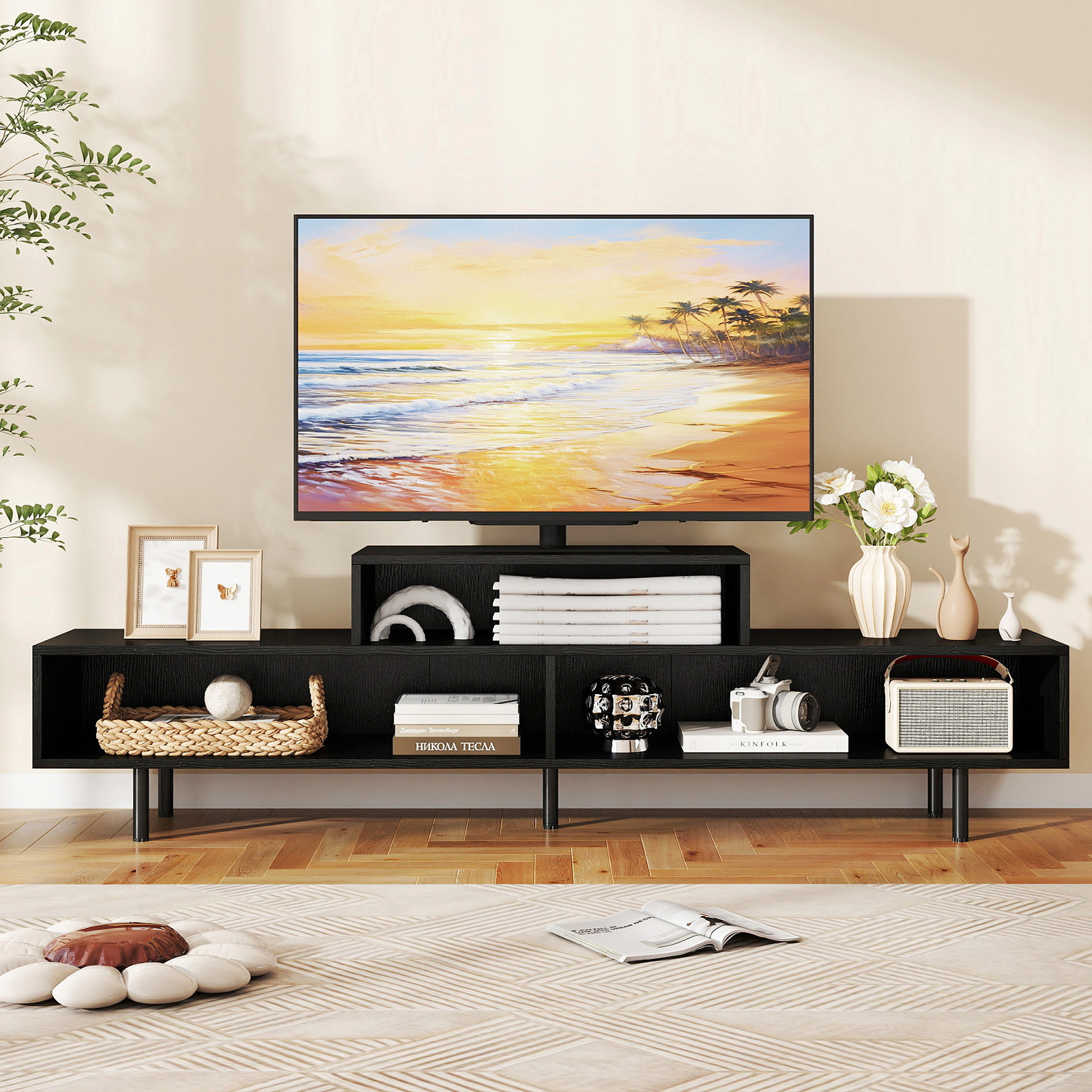 SUGIFT 63-In Black Woodgrain TV Stand for TVs up to 70 Inches