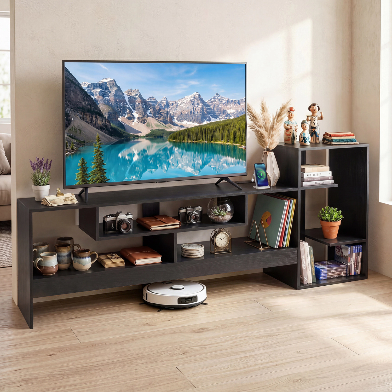 Glintex 64-Inch Cube TV Stand with Power Outlets and Anti-Falling Baffles