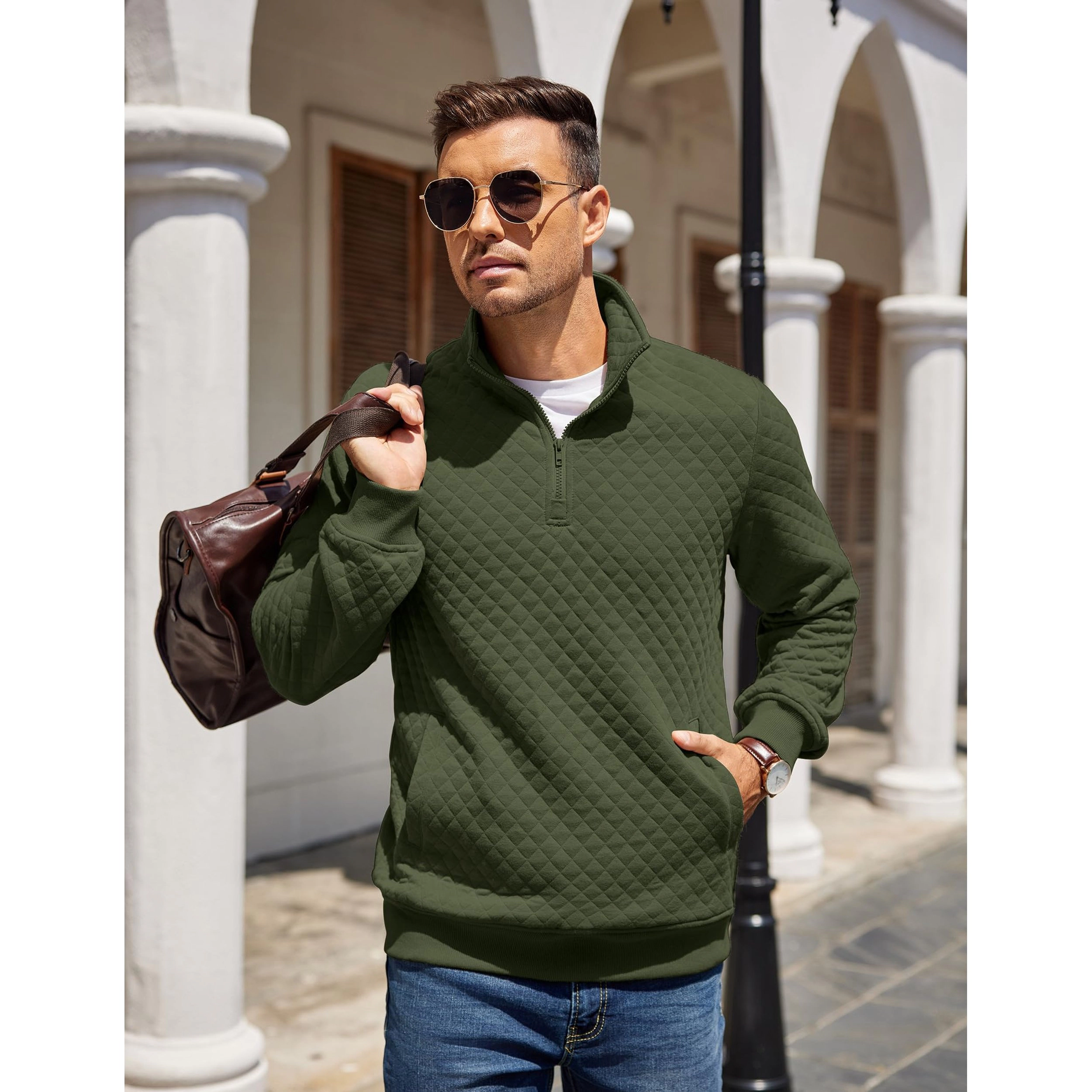 COOFANDY Men's Regular Fit Quilted Quarter Zip Pullover Sweater
