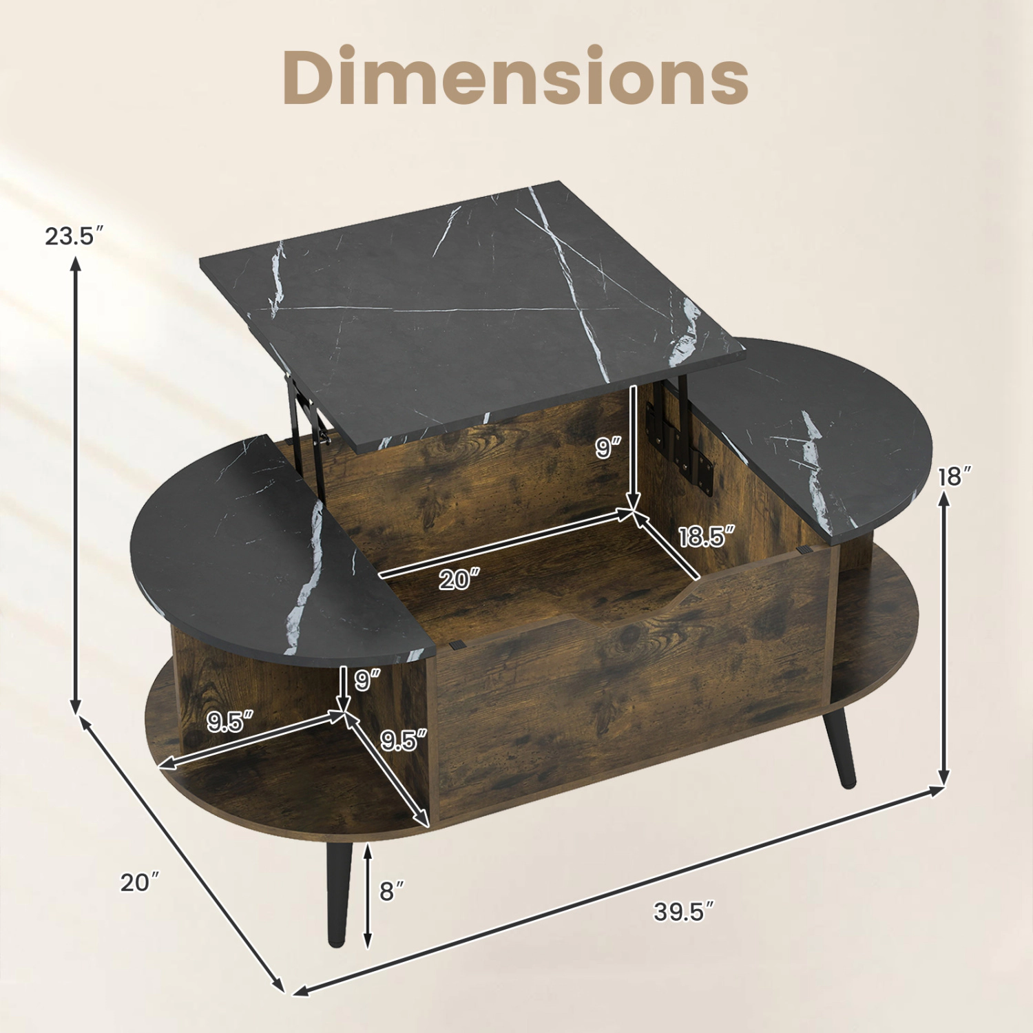 LJG Faux Marble Lift Top Coffee Table with Hidden Compartment and Shelves