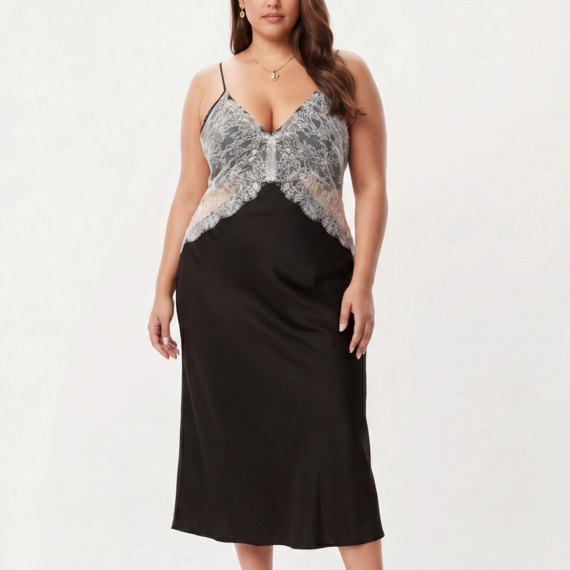 Anna-Kaci Women's Plus Long Satin Chemise Lace Panel Nightgown Adjustable Strap Slip Sleep Dress