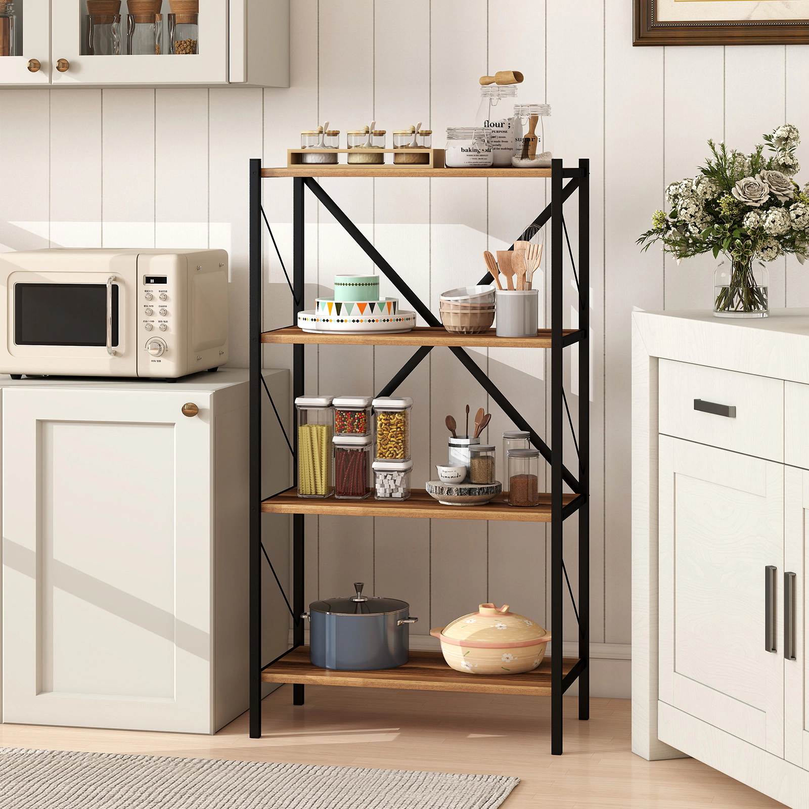 Costway 4-Tier Bookshelf Industrial Bookcase w/Heavy-Duty Metal Frame for Living Room Walnut