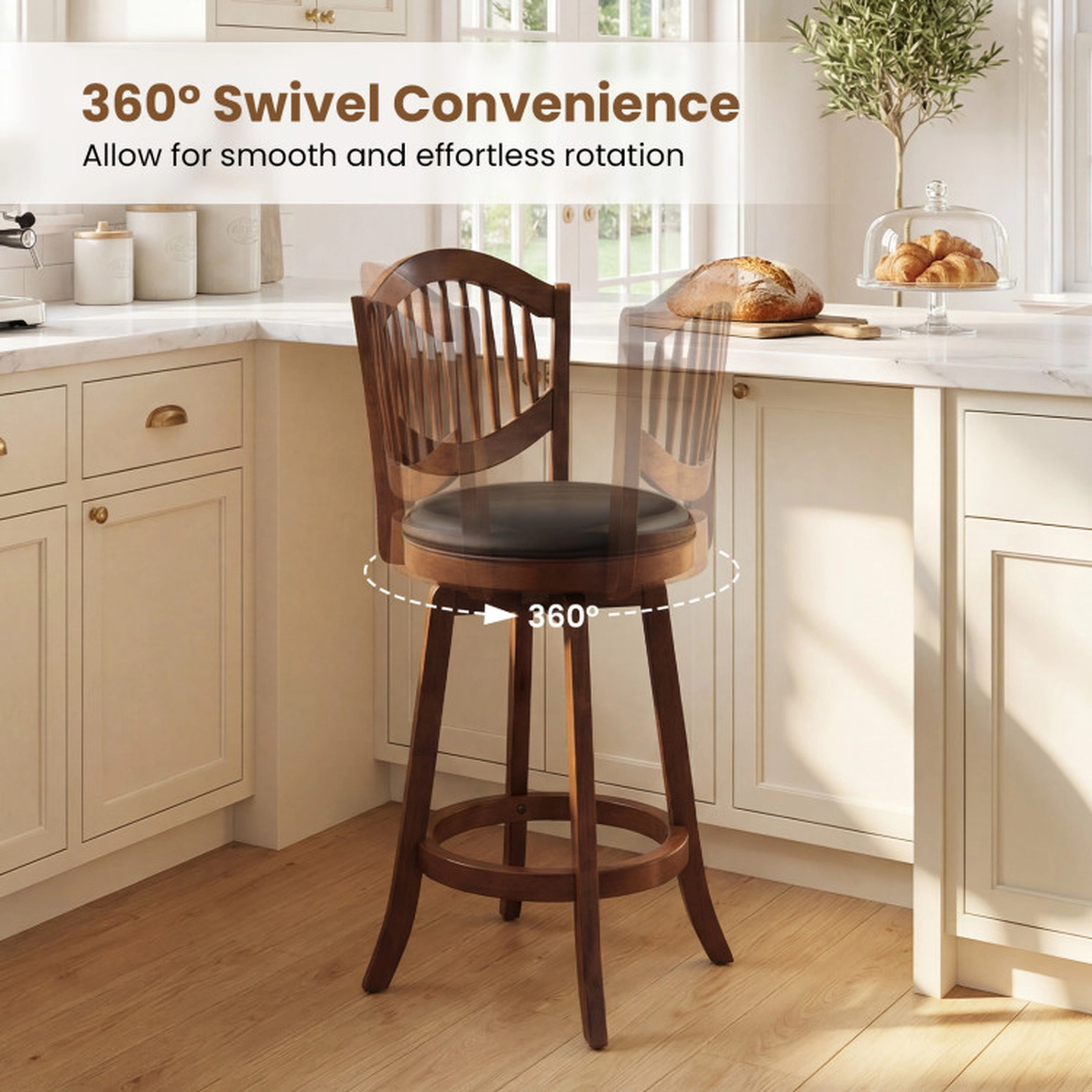 SUGIFT 360-Degree Swivel Bar Stools with Backrest 330-lb Capacity 25-in Seat Height Expresso and Black Set of 2