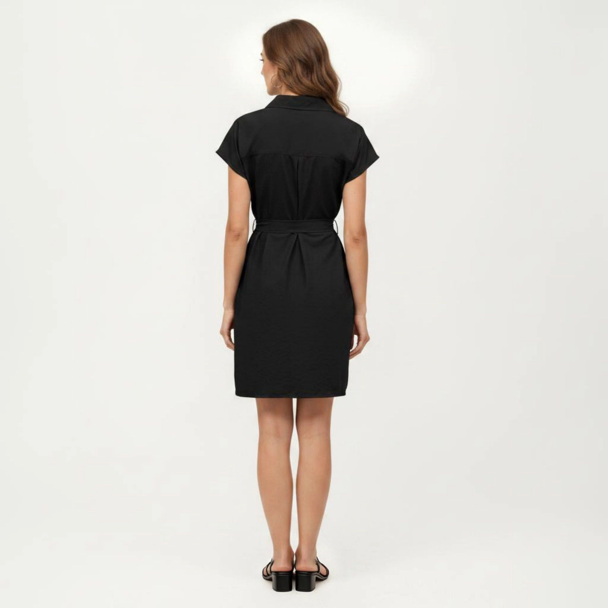 Anna-Kaci Women's Short Sleeve Button Front Collared Neck Adjustable Waist Tie Shirt Dress