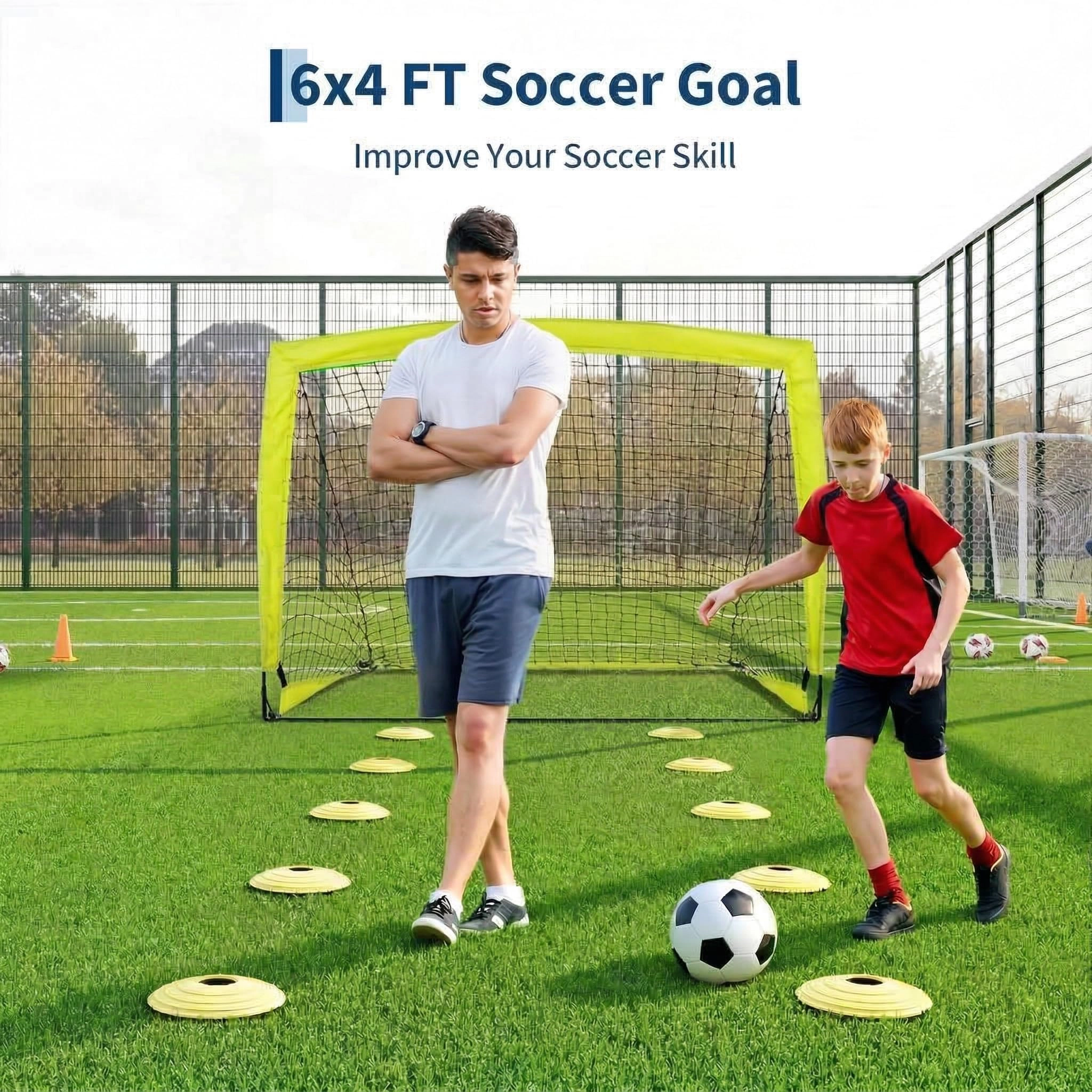 6x4 FT Soccer Goal Set 2 Pack with Training Nets, Portable Backyard Goals Ball, Cones & Carry Bag