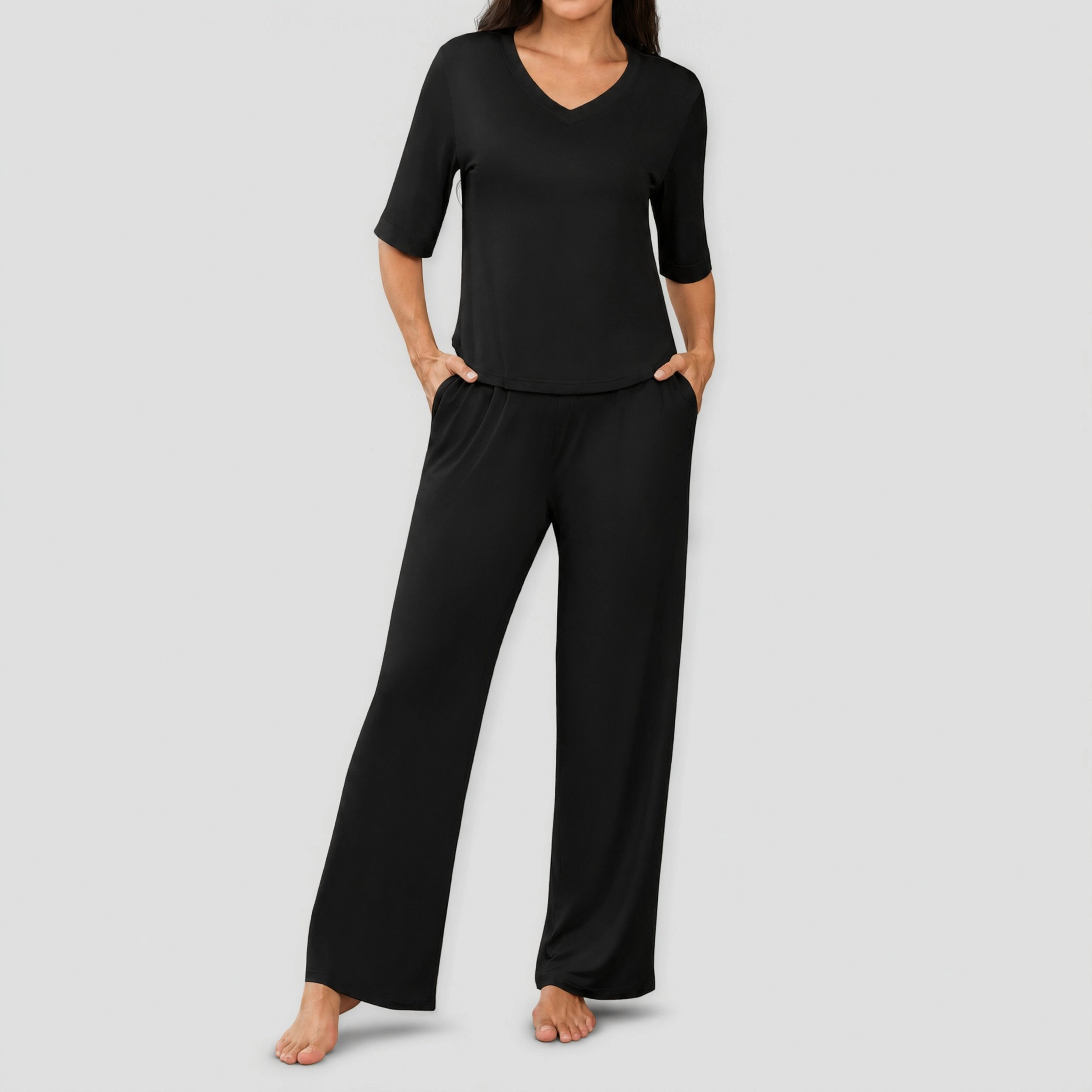 Ekouaer Women's Two Piece Pajama Set 3/4 Sleeve V Neck Top and Pants with Pockets