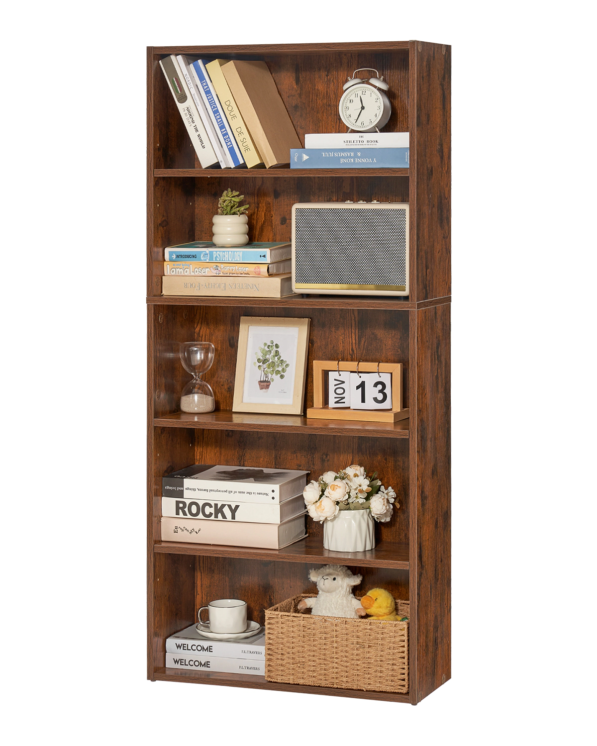 HONGGE 5-Tier Narrow Wooden Bookshelf, 53 Inch Tall Freestanding Farmhouse Bookcase with Adjustable Shelf, Brown