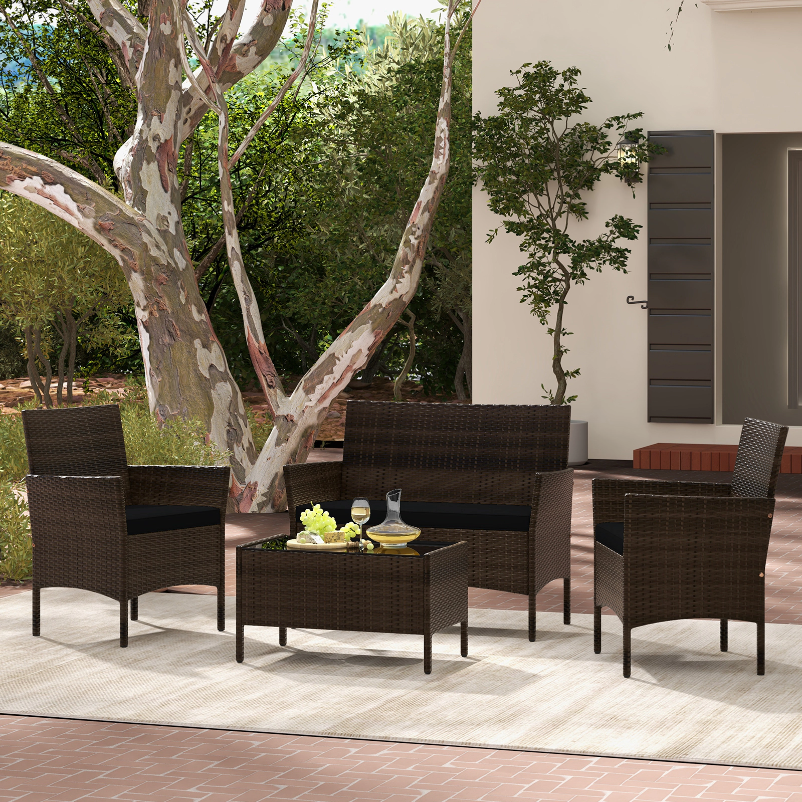 SUGIFT Cushioned Loveseat and Table 4-Piece Patio Rattan Conversation Set