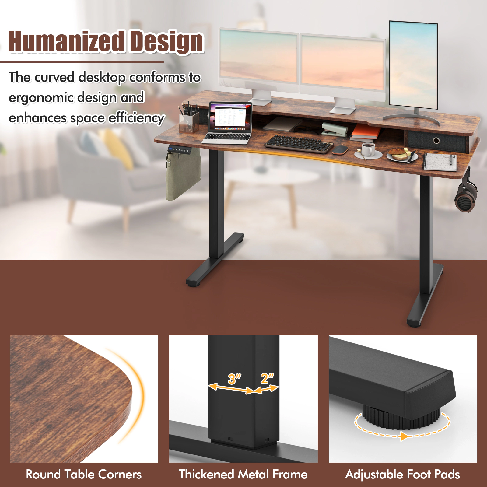 SUGIFT 63 x 24 Inch Electric Standing Desk with 2 Drawers and Monitor Shelf