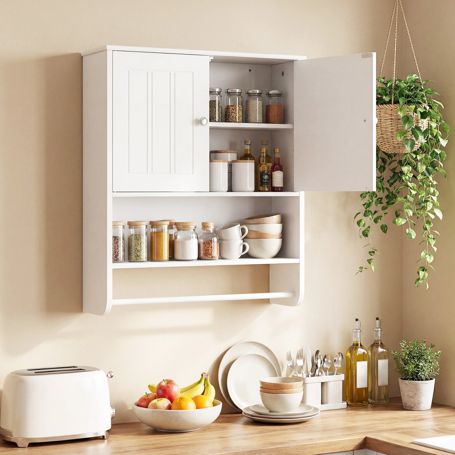 Slickblue White Bathroom Wall Cabinet with 2 Doors, Open Shelf and Towel Bar