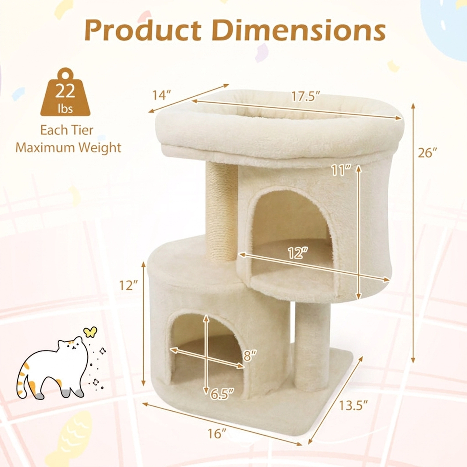 SUGIFT Multi-Level Cat Tree Tower with Large Padded Perch Dual Condos and Sisal Scratching Post 29-lb Capacity Beige