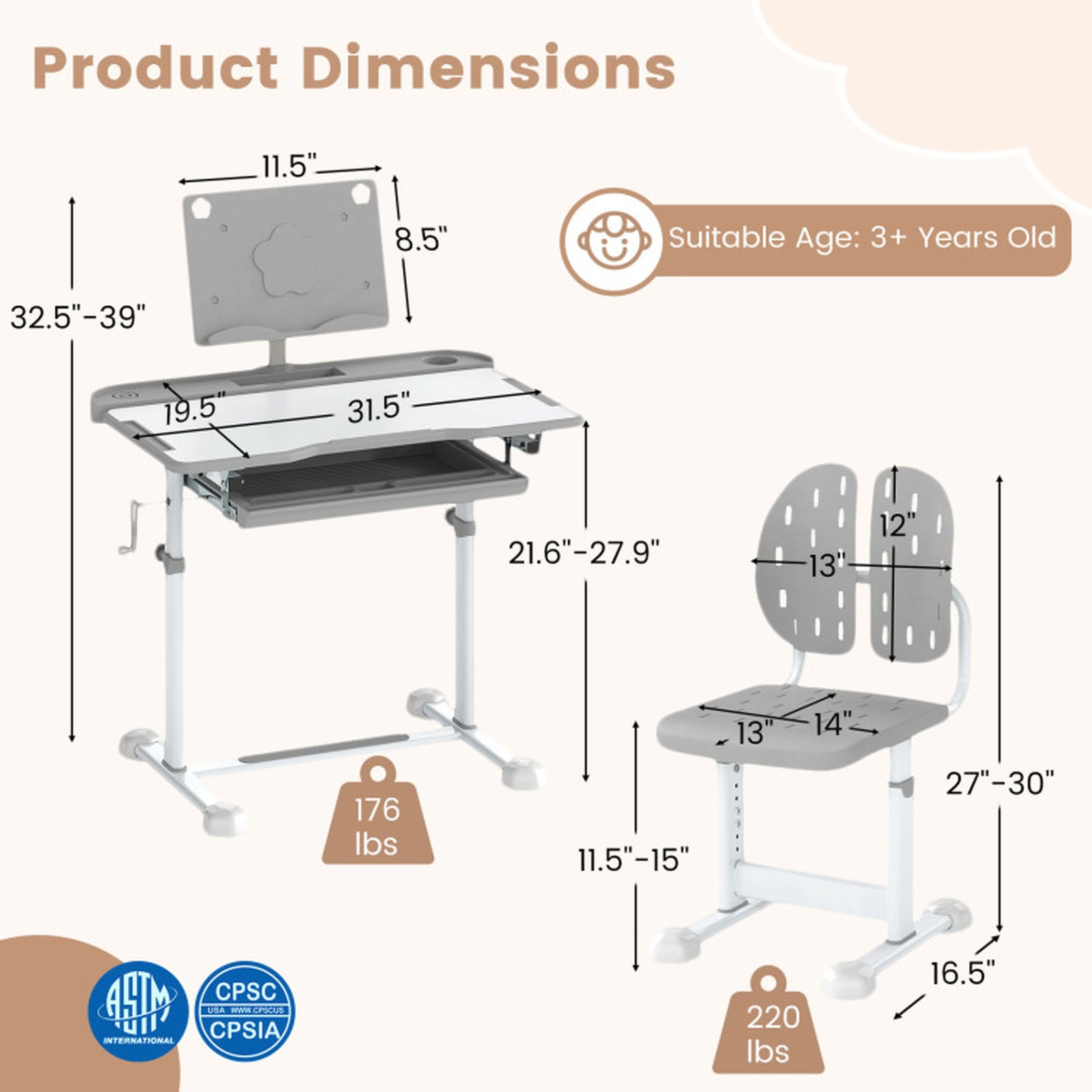 SUGIFT Gray Hand Crank Tilt Desktop and Book Stand Kids Study Desk and Chair Set