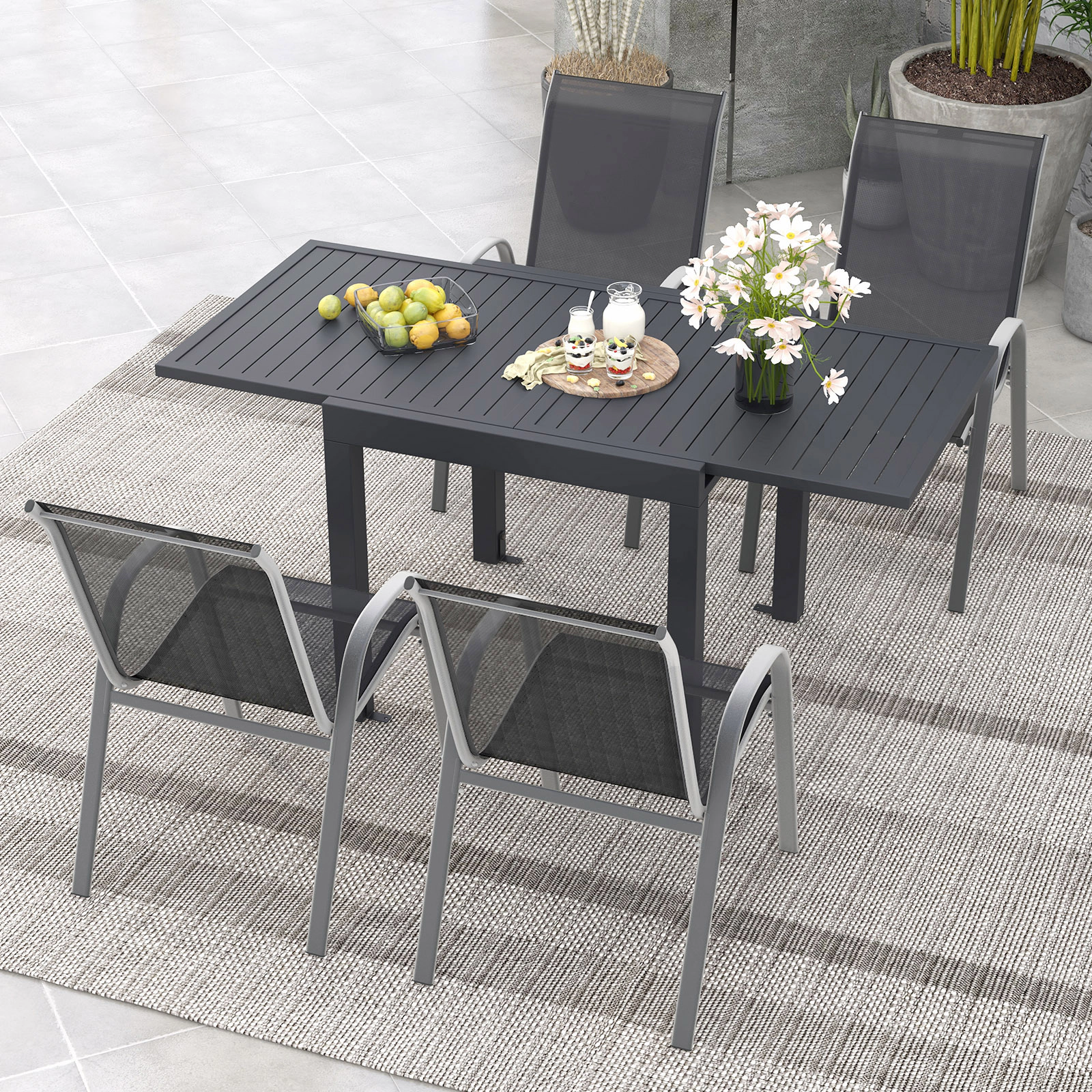 SUGIFT 5-Piece Gray Patio Dining Set with Extendable Aluminum Table and Stackable Chairs