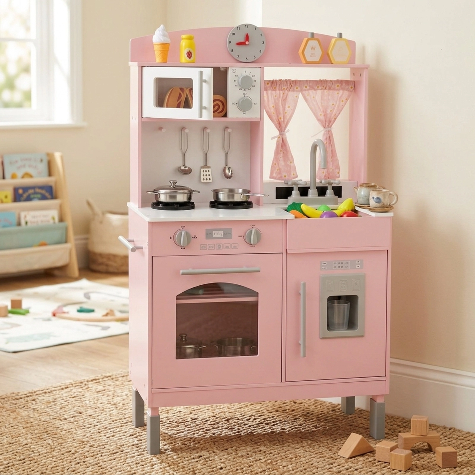 Play Kitchen for Kids 3 Adjustable Heights Ice Maker Microwave Curtains 25-in Wooden Chef Pretend Playset Ages 3+ Pink