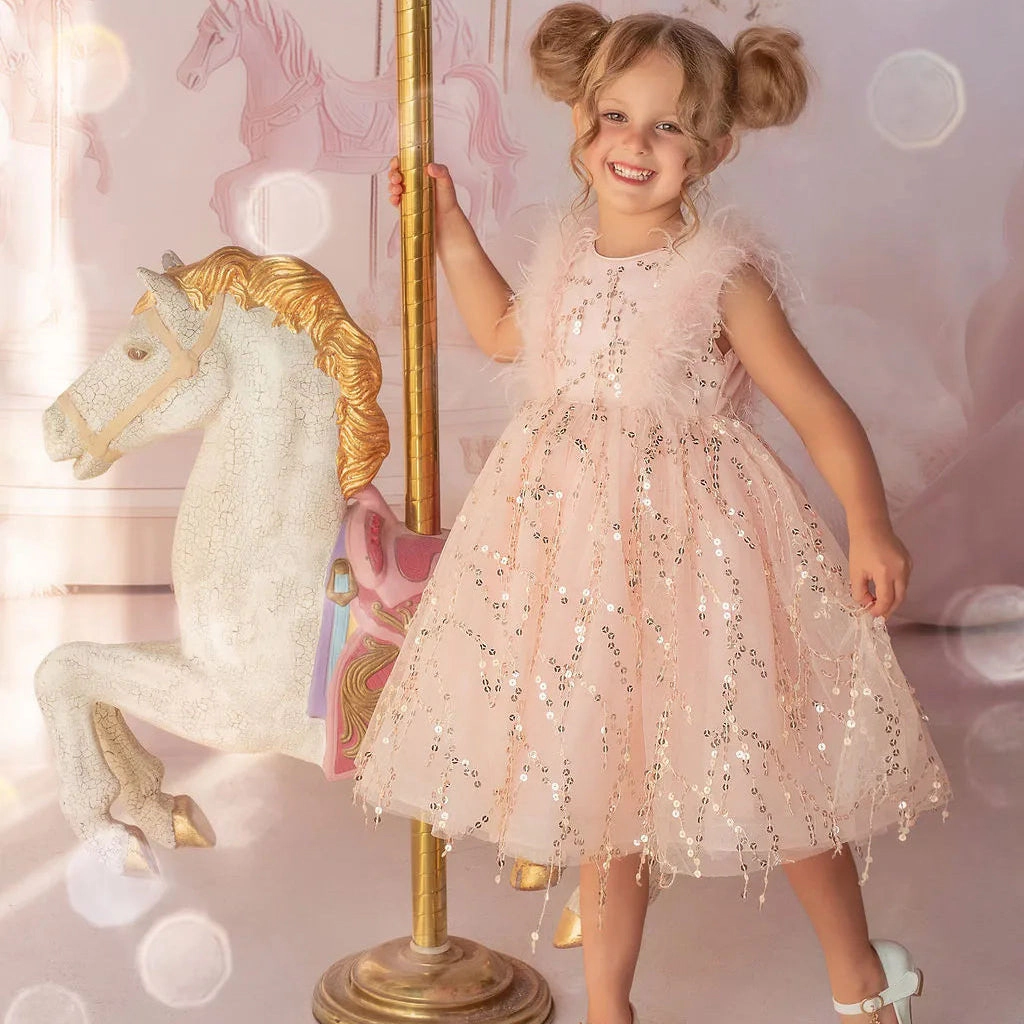 Faeella Girls Pink Sequin Bodice Tulle Flower Girl Dress