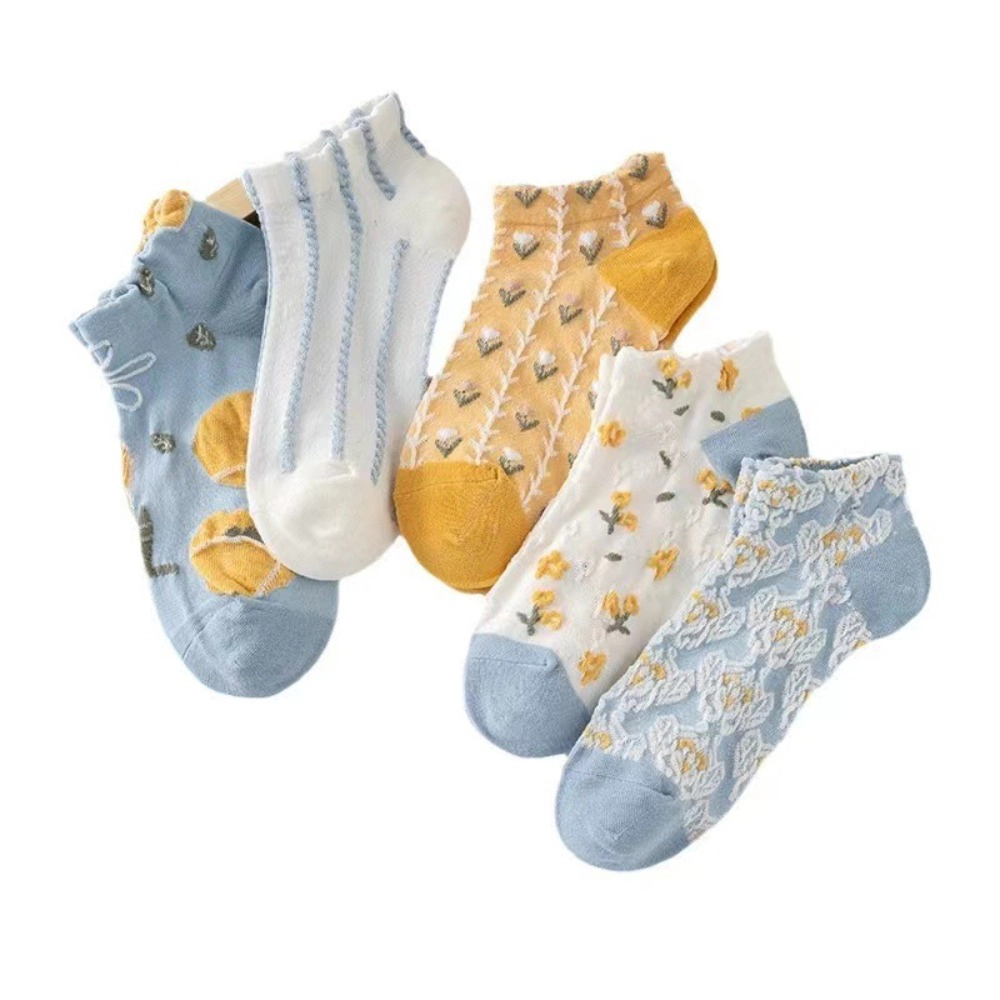 5 Pairs Women's No Show Socks Vintage Floral Design Cotton Short Socks