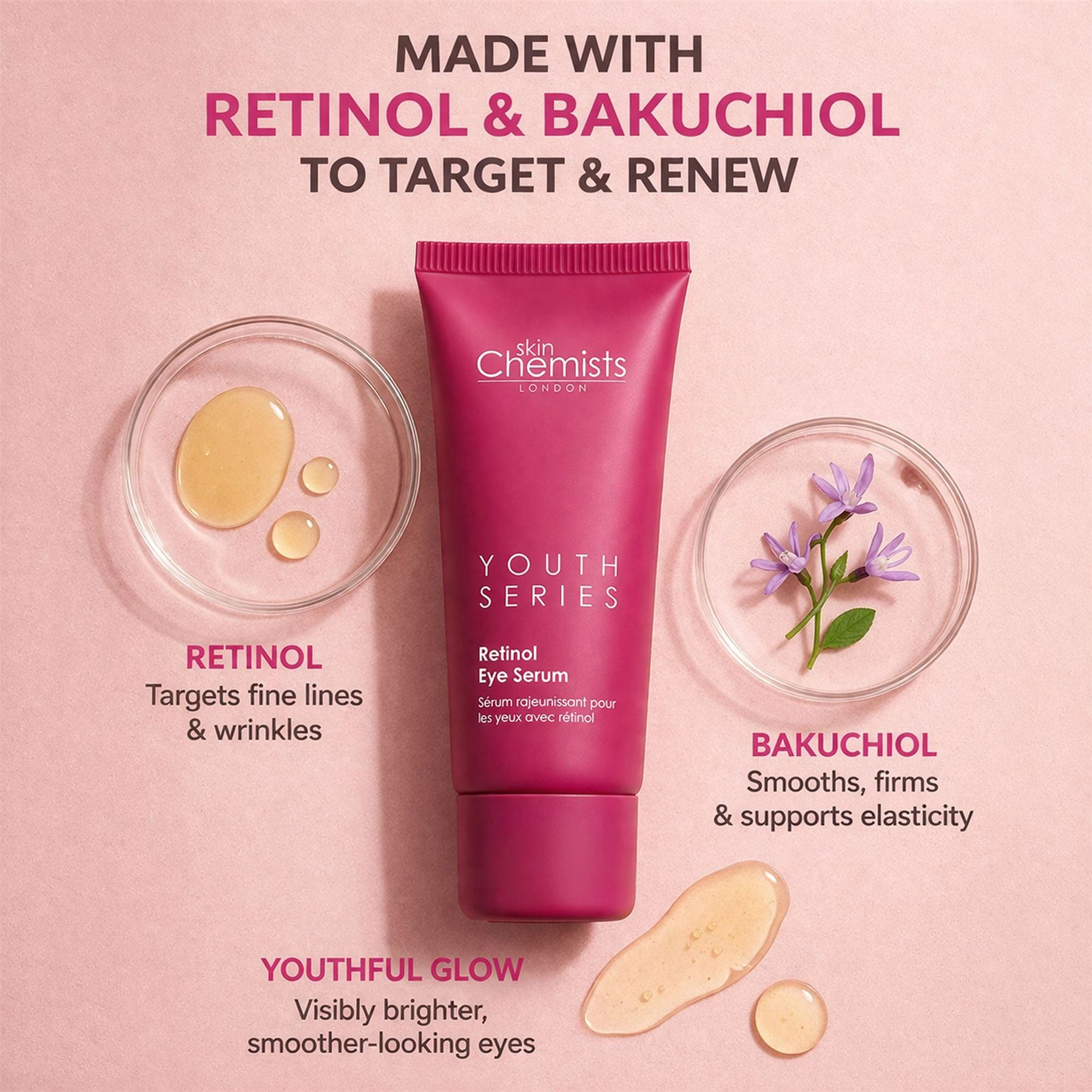skinChemists Youth Series Retinol & Bakuchiol Eye Serum 15ml - Firms, Smooths Fine Lines & Wrinkles