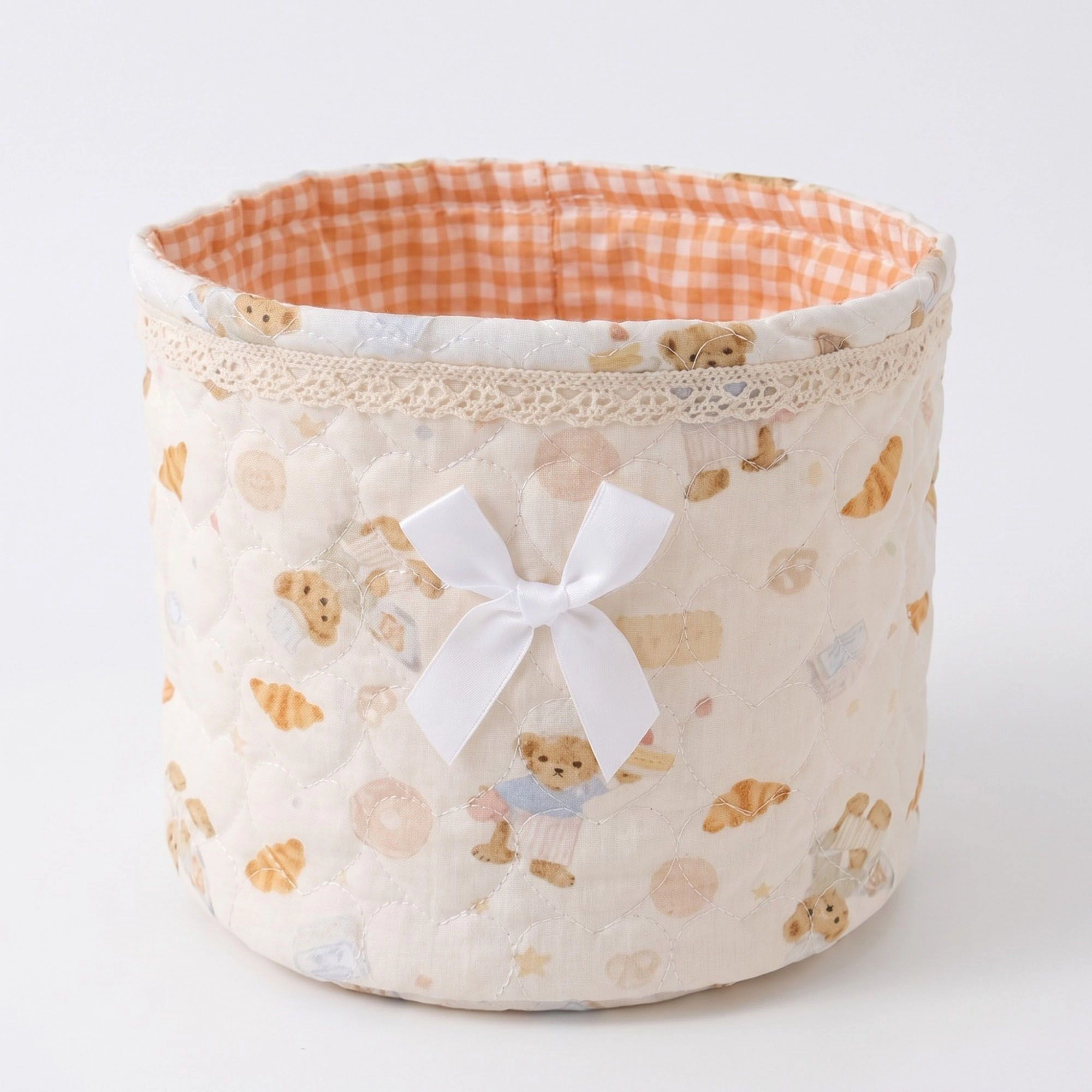 Alilang Unisex Quilted Round Fabric Storage Basket with Bow and Lace Trim