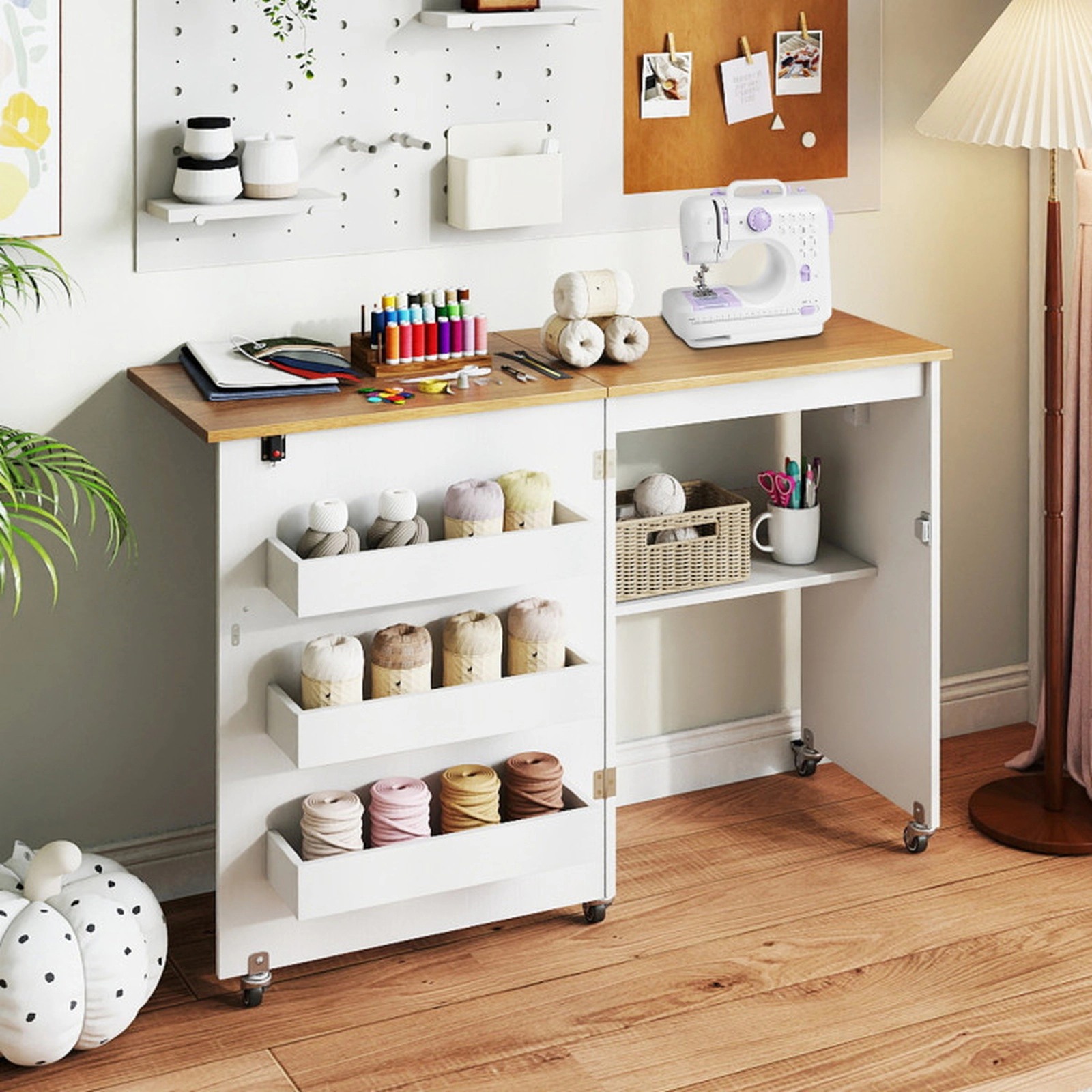 SUGIFT Folding Power Strip 5 Casters Sewing Table Desk 45.5-in x 16-in x 31-in 45-lb Capacity Natural White