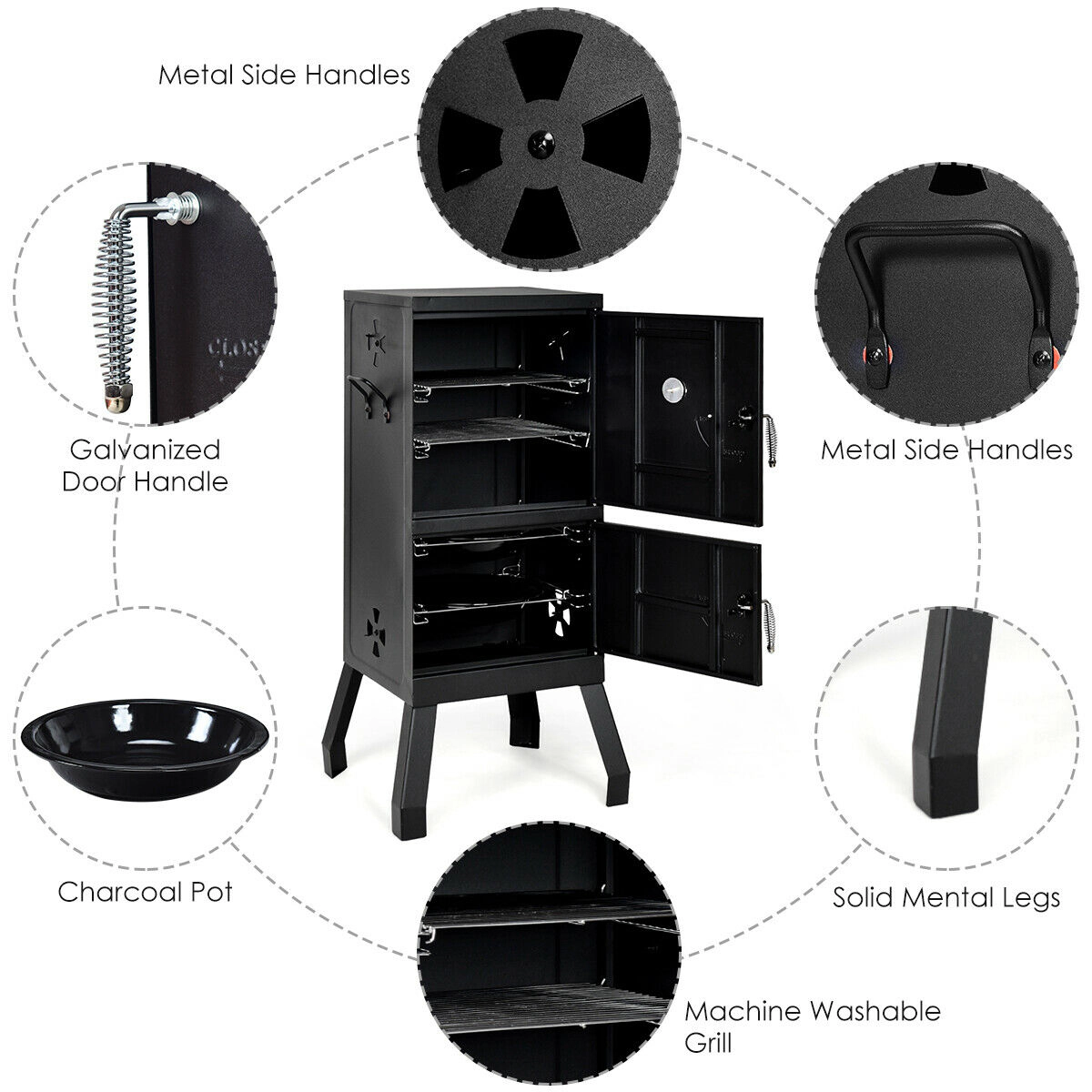SUGIFT Vertical 2-Tier Black Charcoal Smoker Grill with Temperature Gauge Water Pan and Lockable Doors