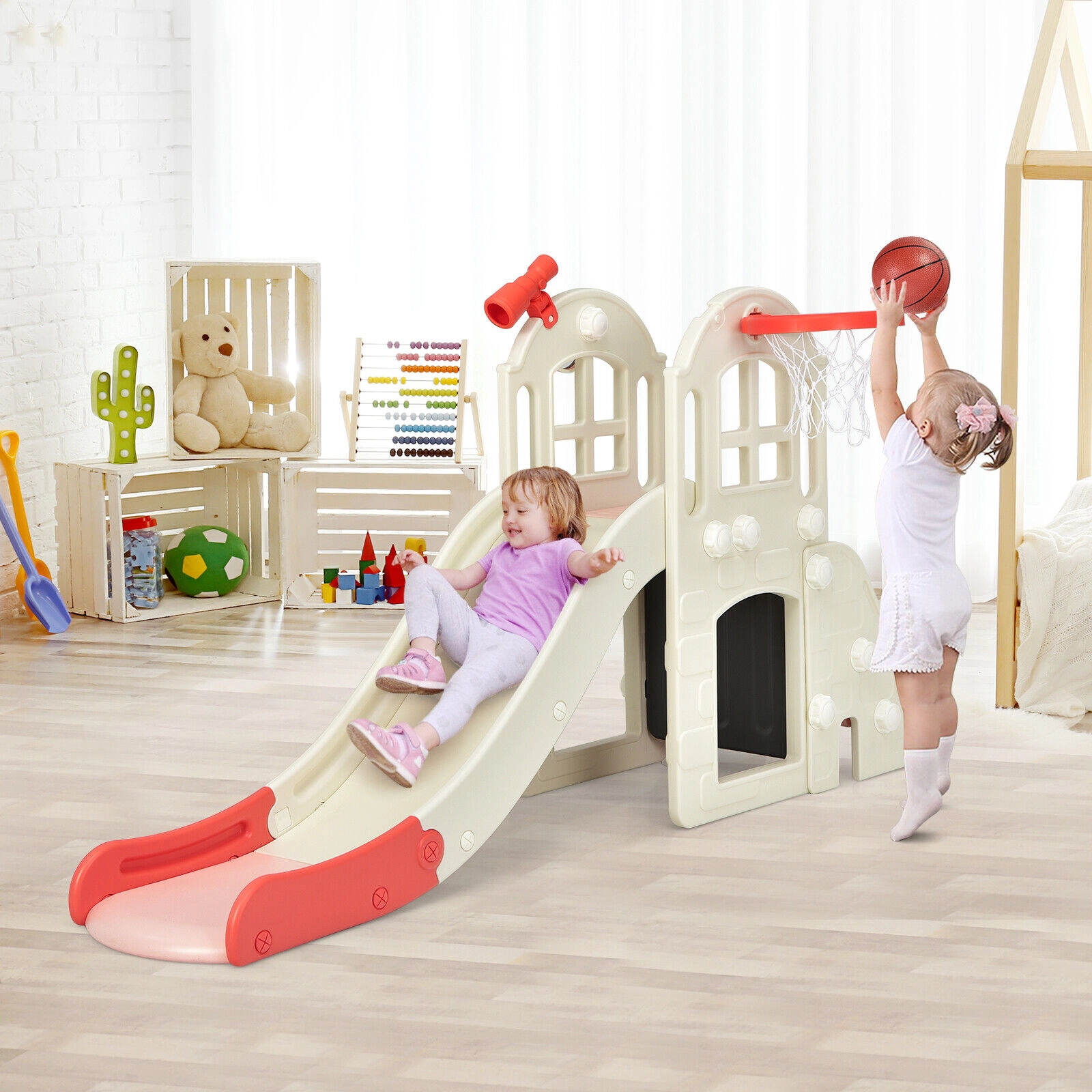 6-in-1 Large Kids Slide Climber Playset 75-in Rock Panel 2-Step Ladder Basketball Hoop 160-lb Platform Ages 3+ Pink