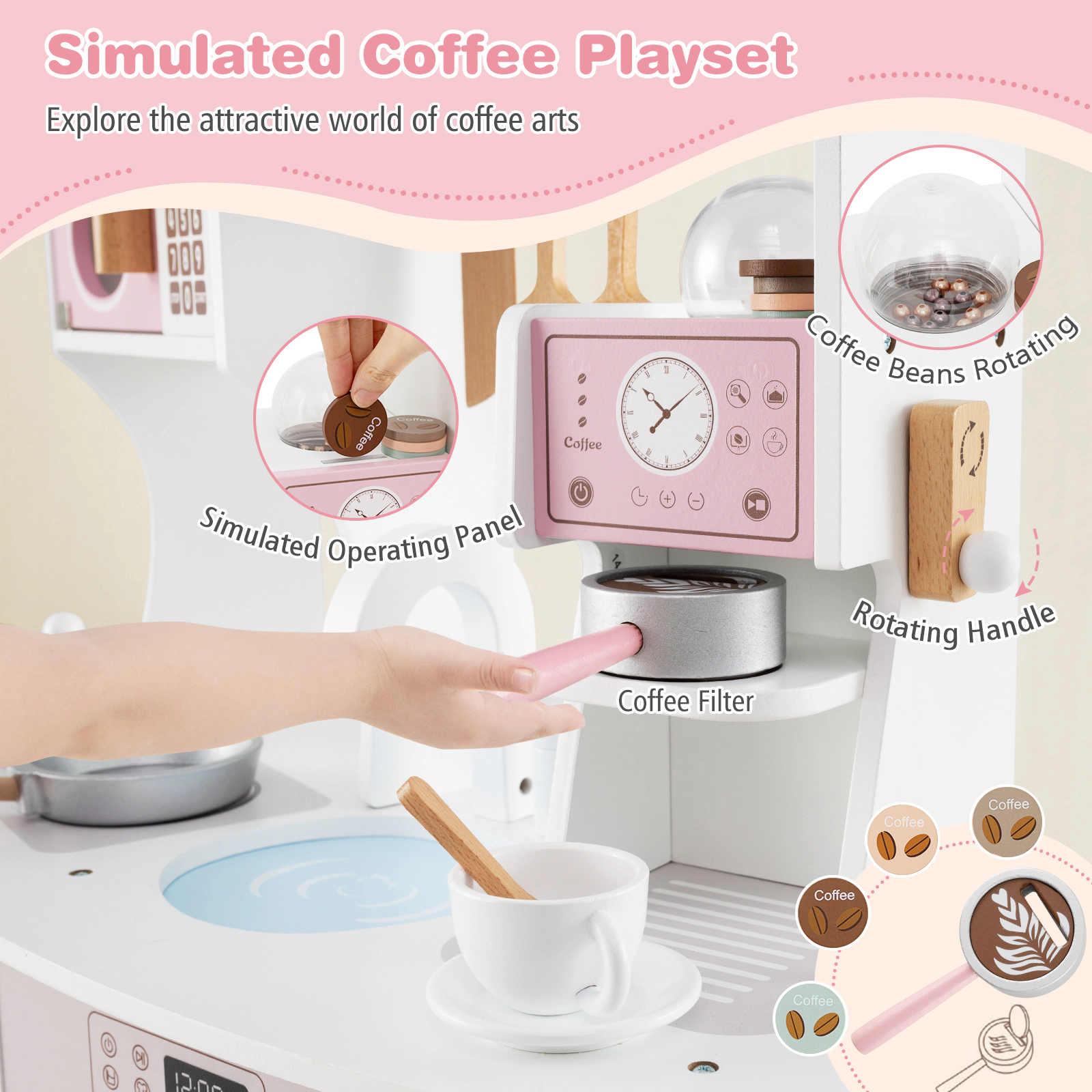 Wooden Kids Kitchen Playset with Coffee Maker Washing Machine Utensil Rack and Support Legs 28-in x 12-in x 35-in Pink
