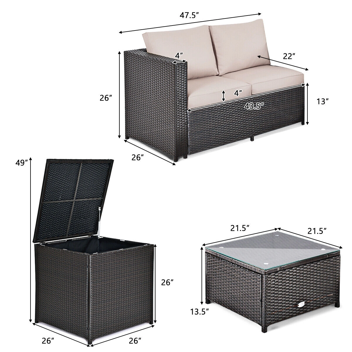 SUGIFT 4-Piece Brown Rattan Patio Set with Loveseat, Glass Coffee Table and Storage Table