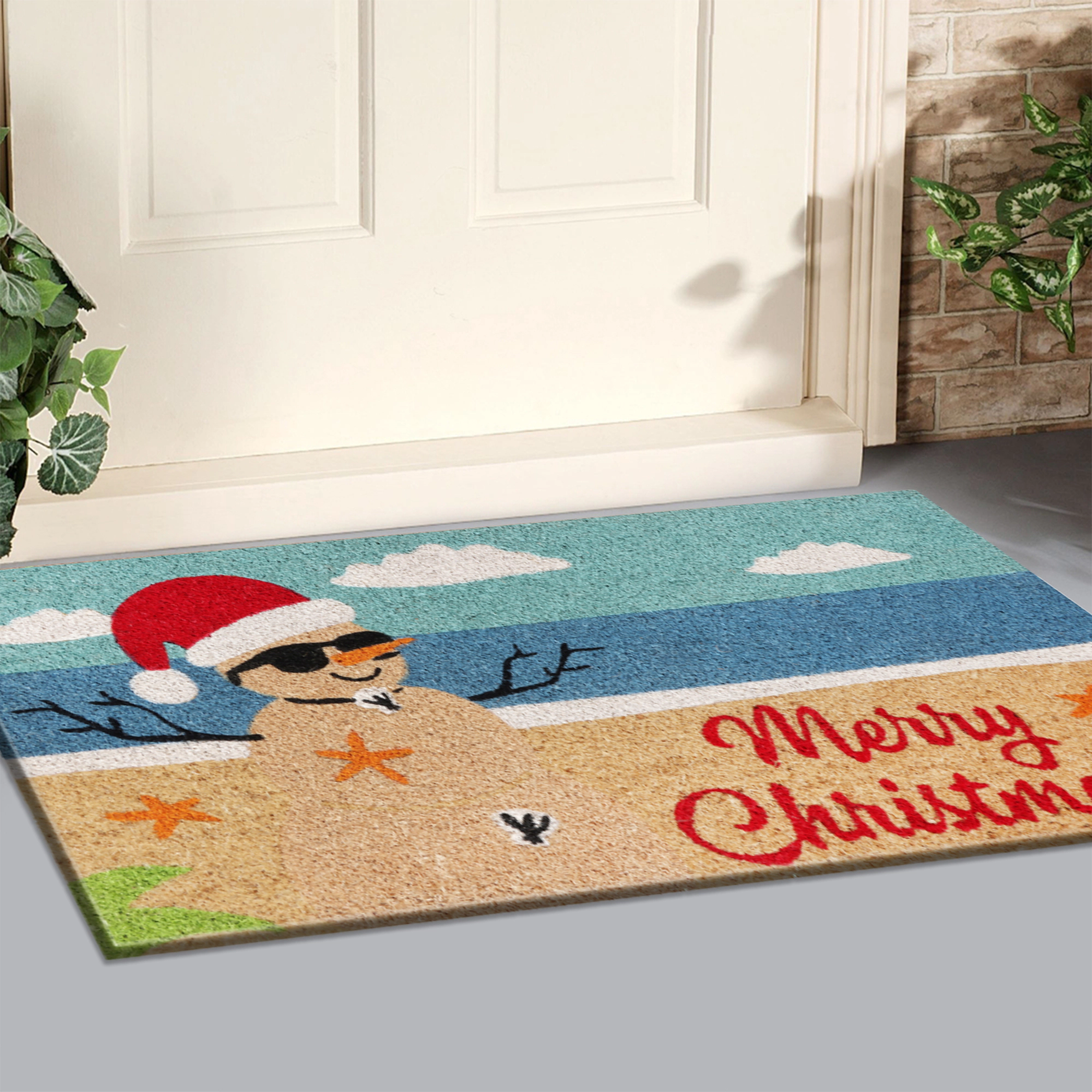 A1 Home Collections Natural Coir Coastal Christmas Doormat Heavy Duty Non-Slip PVC Backing Outdoor Mat 18 x 30