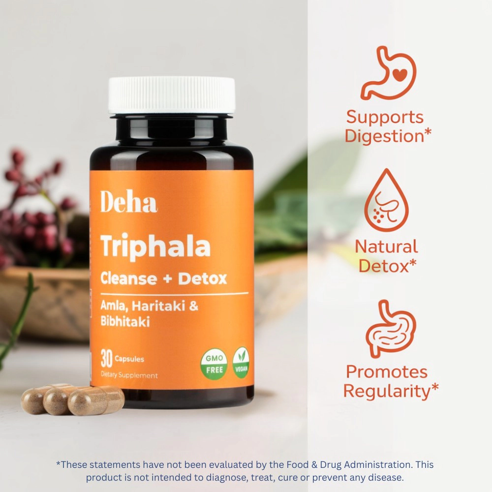 Deha Triphala Capsules for Digestive Support Gut Cleanse & Detox Vegan Non GMO