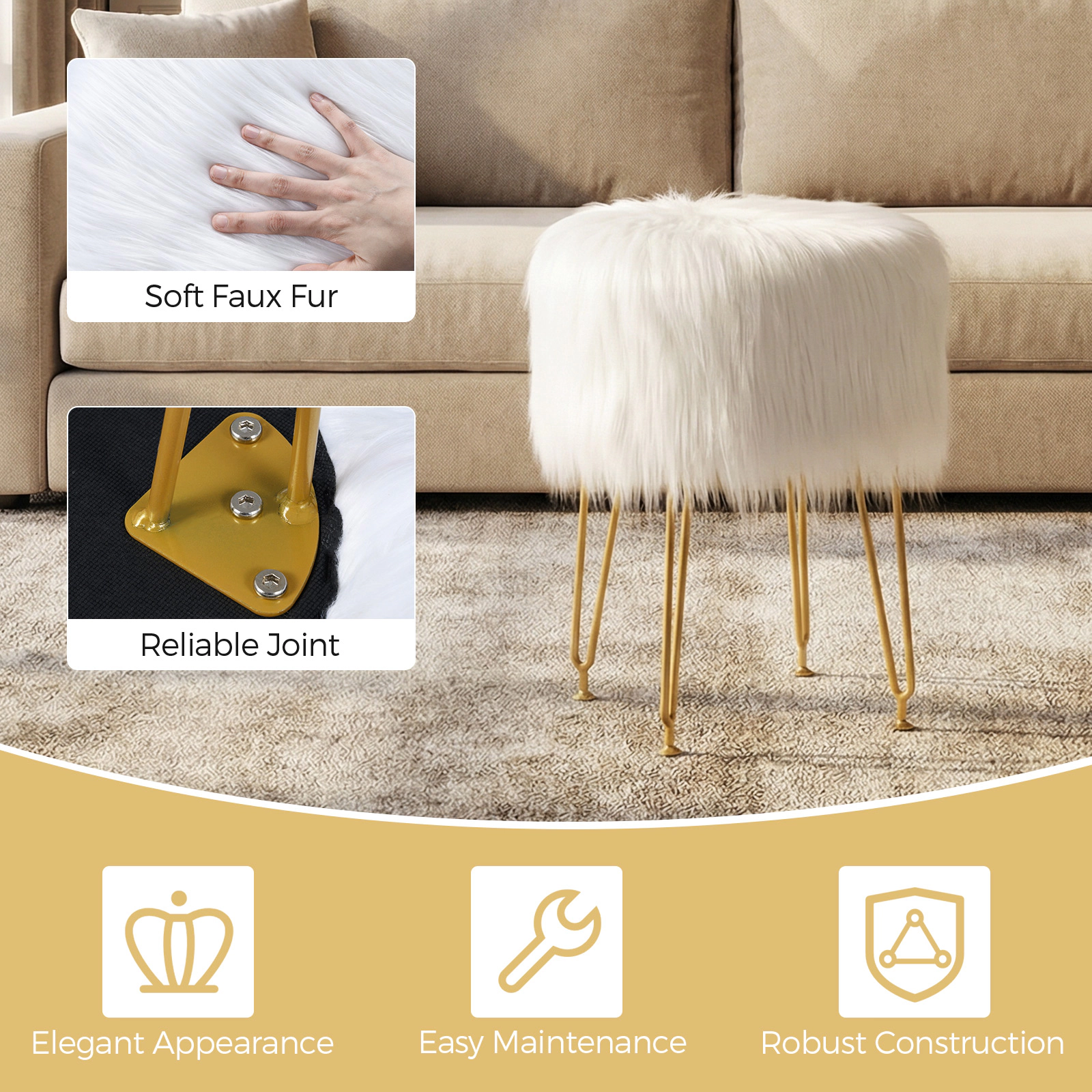 SUGIFT Faux Fur Vanity Stool Chair with Metal Legs 330-lb Capacity White