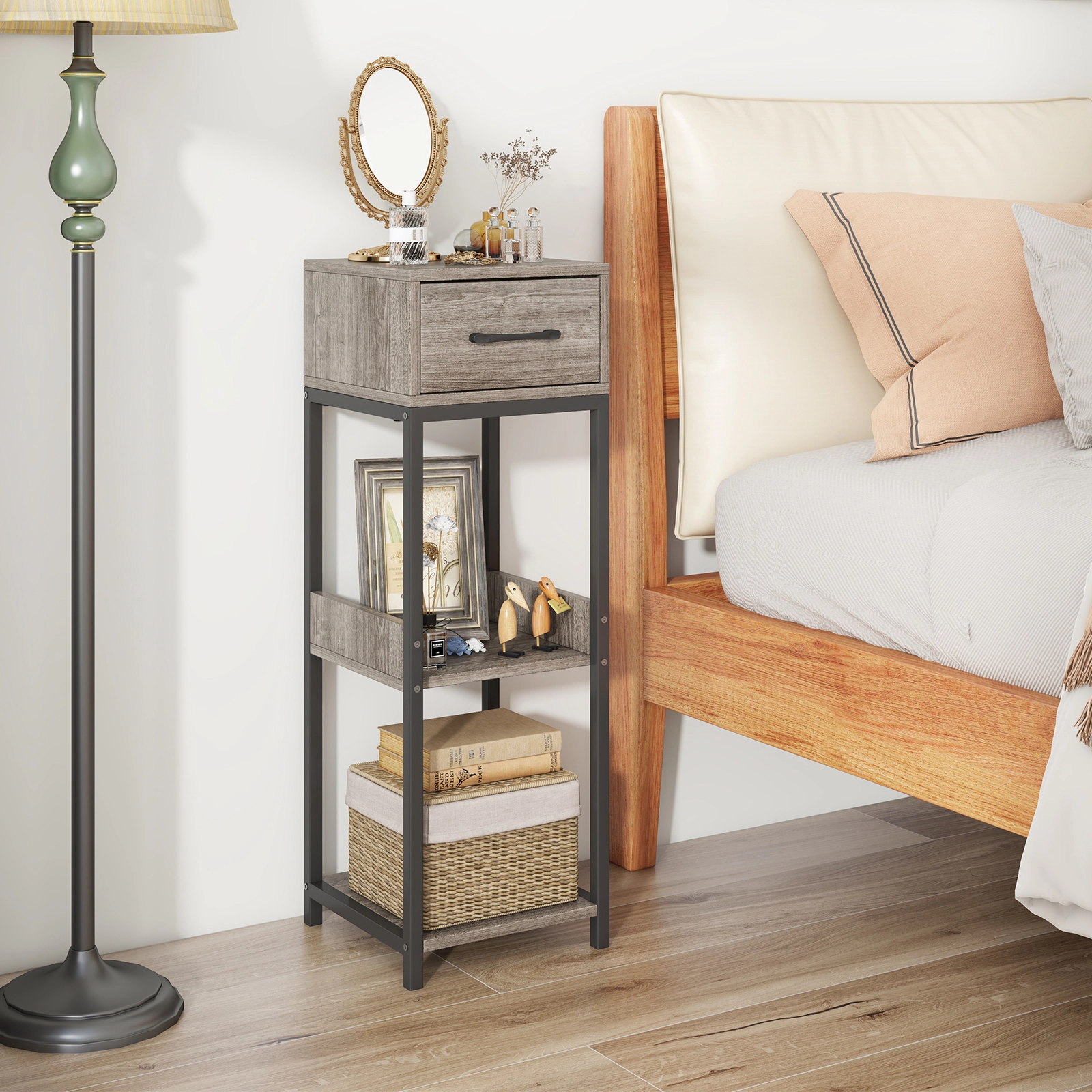 Slickblue 3-Tier Plant Stand with Drawer Grey Wood and Black Metal Shelf