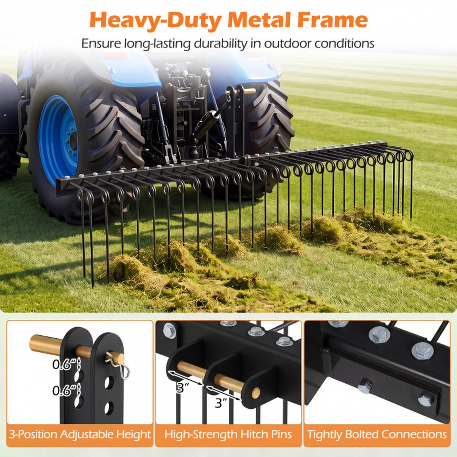 SUGIFT Black Metal Tow Behind Pine Straw Rake with 30 Adjustable Coil Tines 72-in W 16.5-in D 31-in H