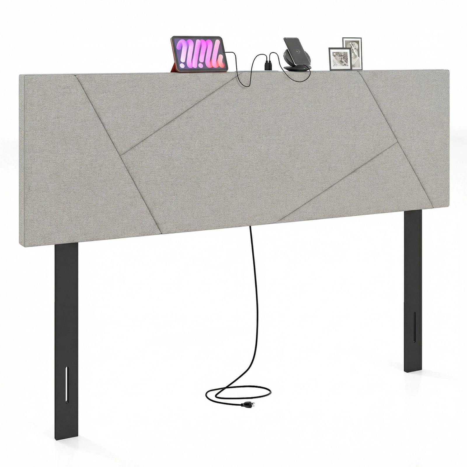 SUGIFT Geometric Upholstered Headboard with Outlets for Full and Queen Beds Gray