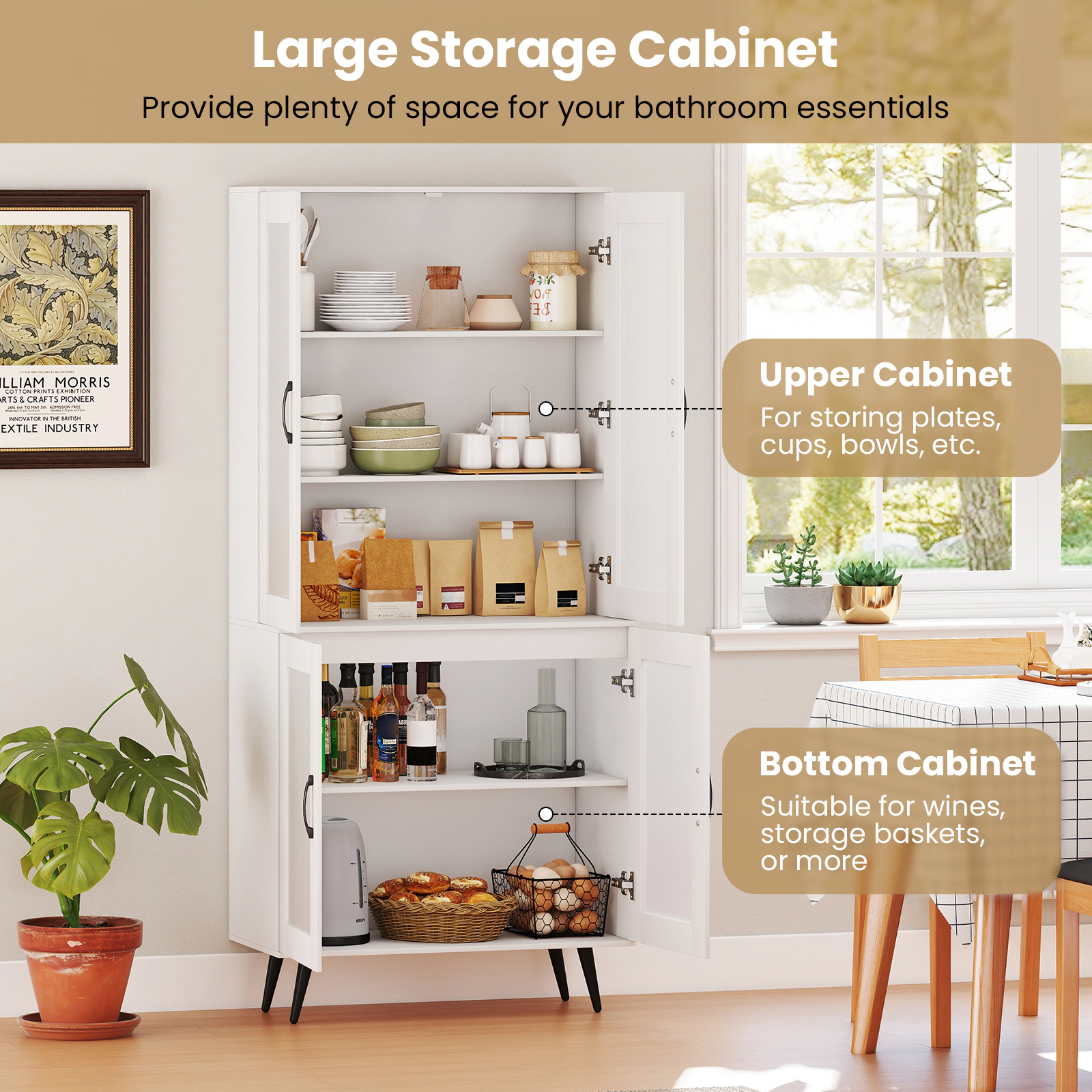 SUGIFT 70.5-in Tall White Pantry Cabinet Cupboard with 4 Transparent Doors and 5-Position Adjustable Shelf