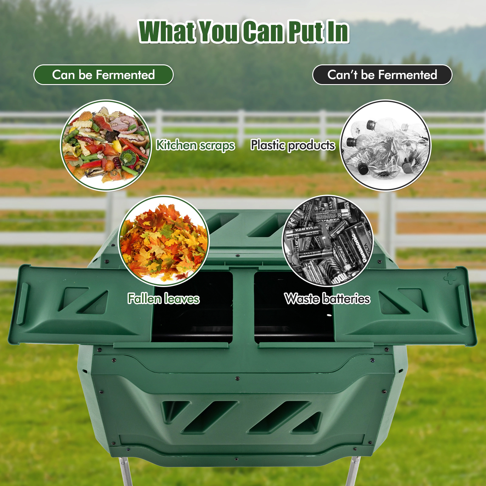 SUGIFT 43-gal Dual Chamber Rotating Compost Bin Barrel with Sliding Doors and Deep Aeration Fins