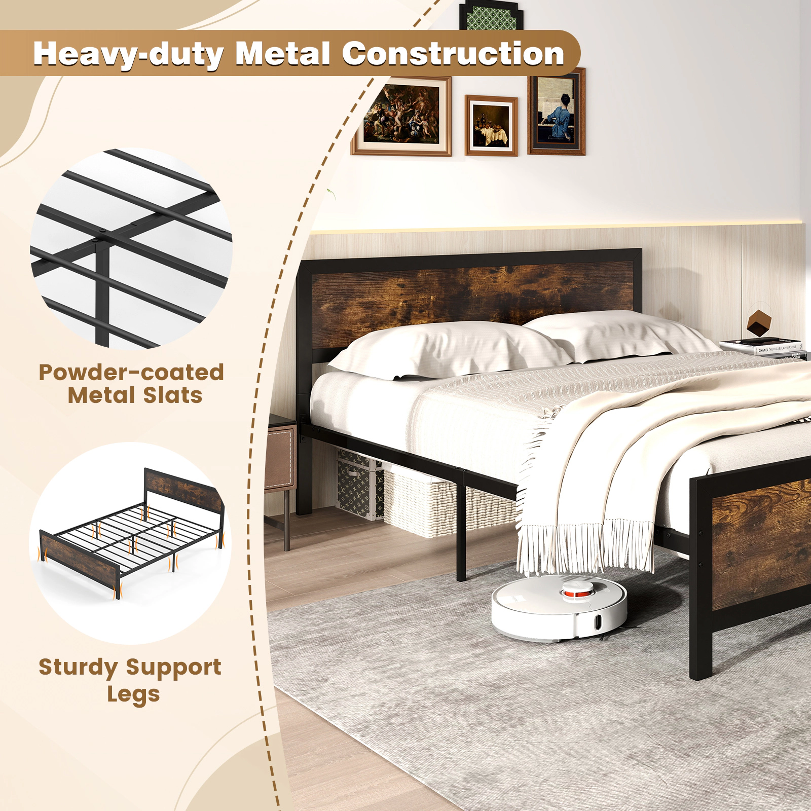 LJG Metal Bed Frame with Headboard and Footboard