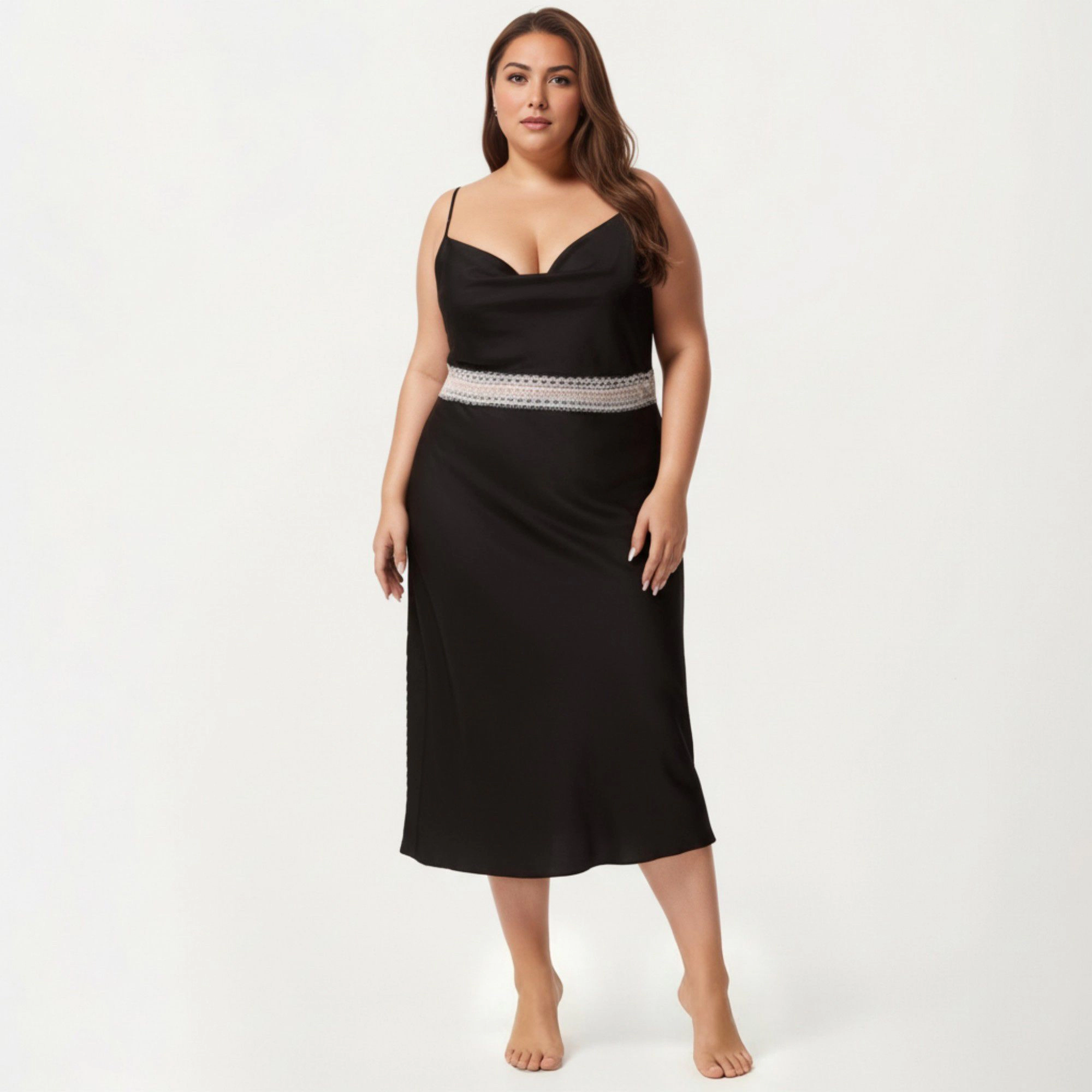 Anna-Kaci Women's Plus Satin Slip Dress with Lace Waist Detail Adjustable Spaghetti Straps Midi Sleepwear Nightgown