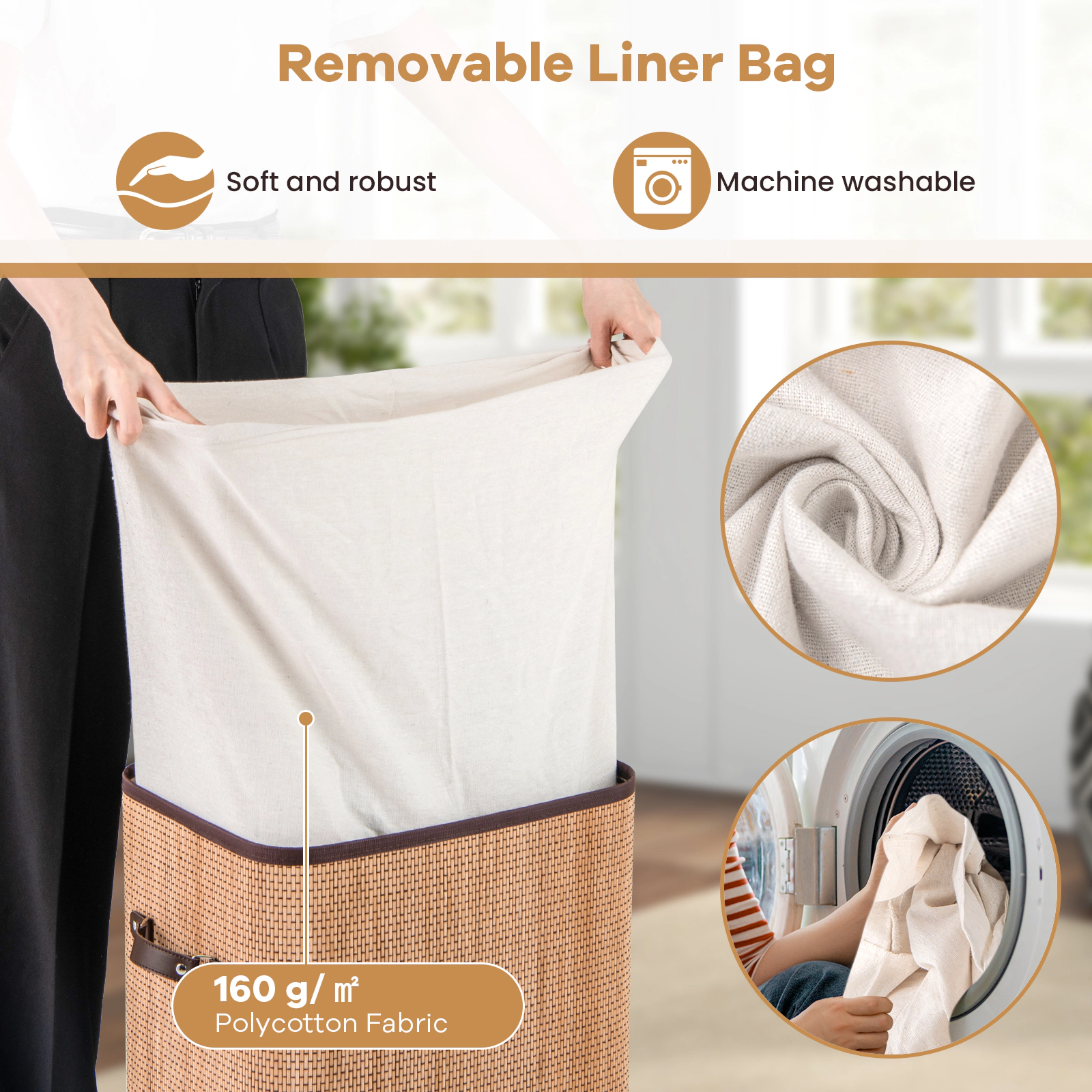 SUGIFT Natural 19-gal Rectangle Bamboo Laundry Basket Clothes Hamper with Lid PU Handles and Liner