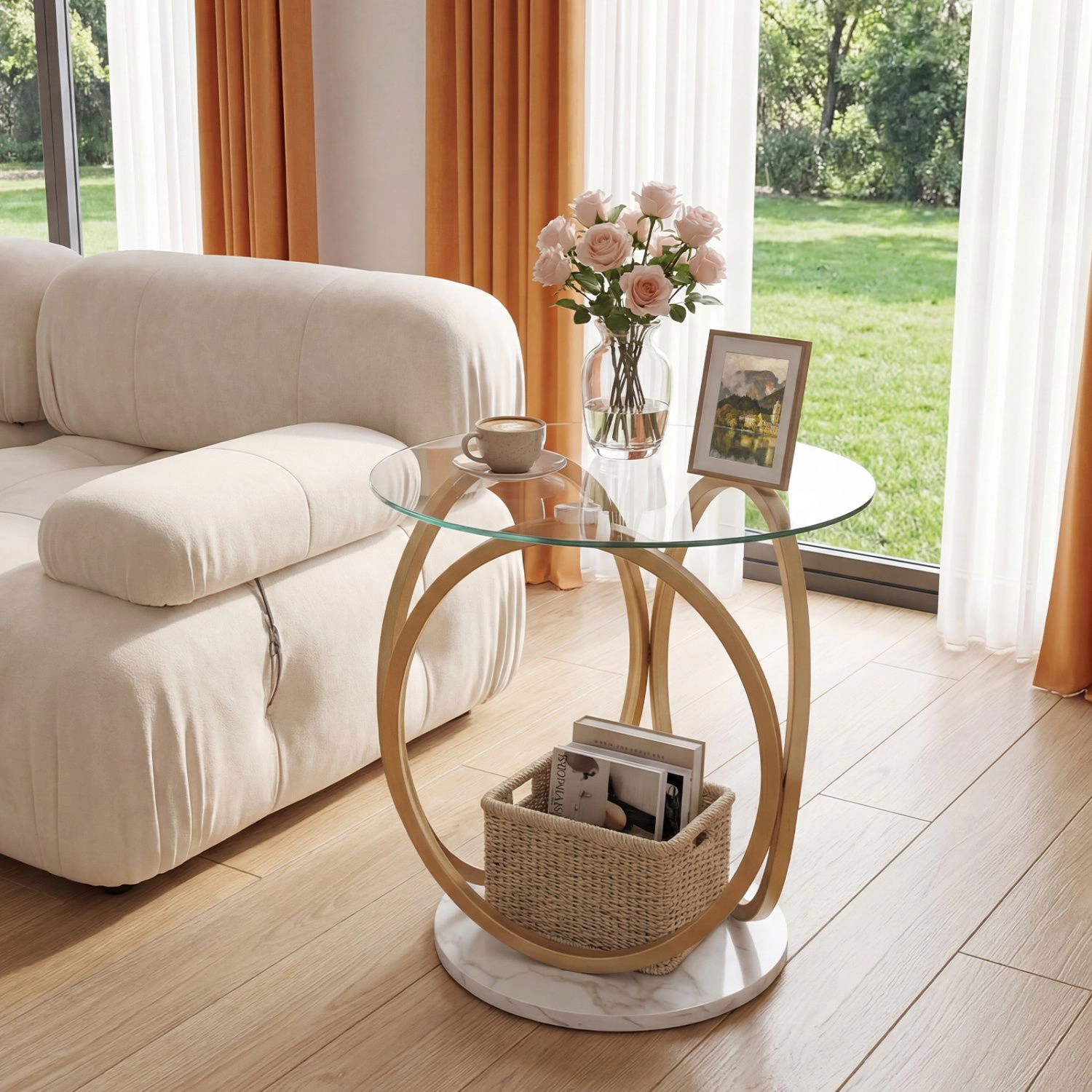 SlickBlue Tempered Glass Nightstand with Gold Metal Frame