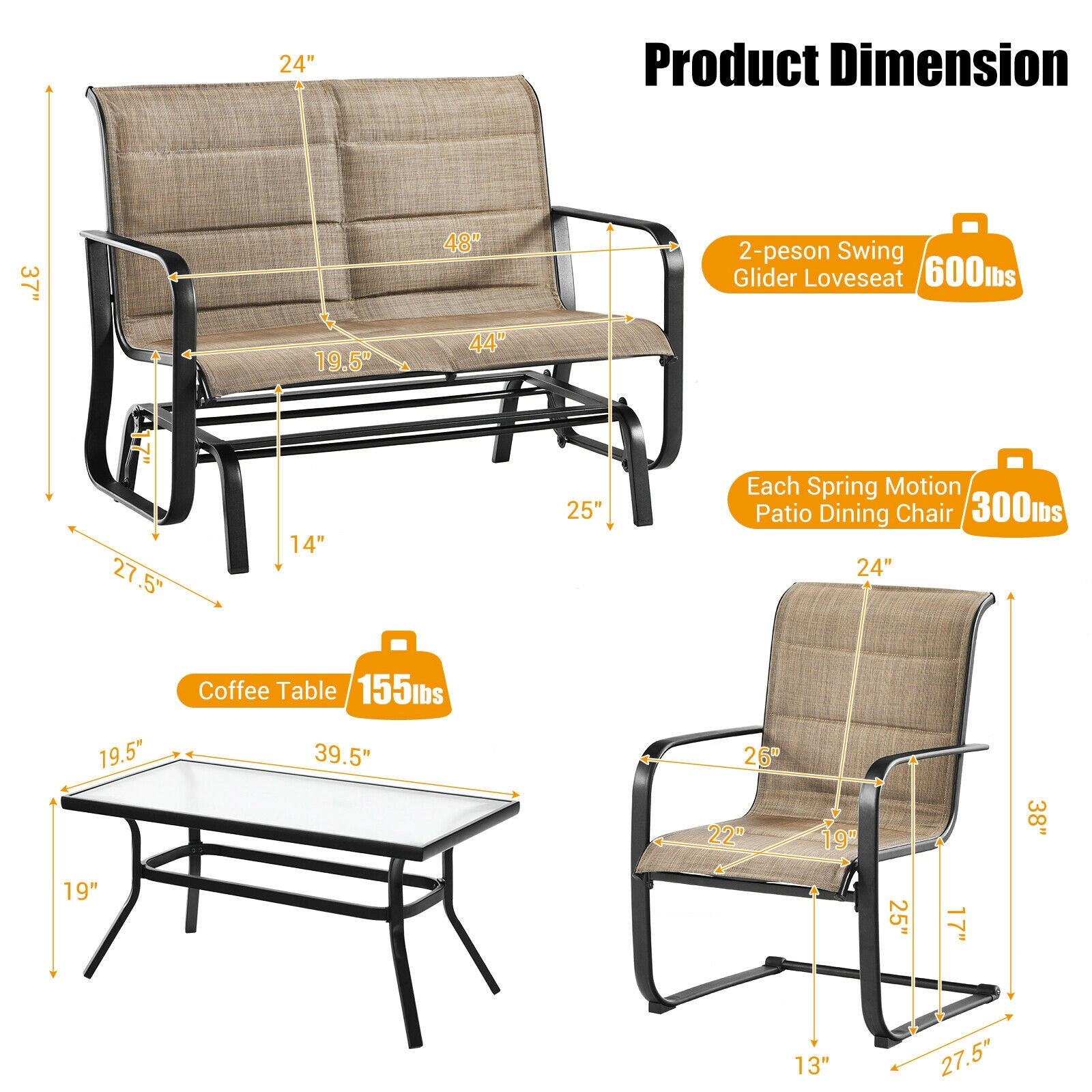 LJG 4 Pieces Outdoor Patio Furniture Set with Padded Glider Loveseat and Coffee Table