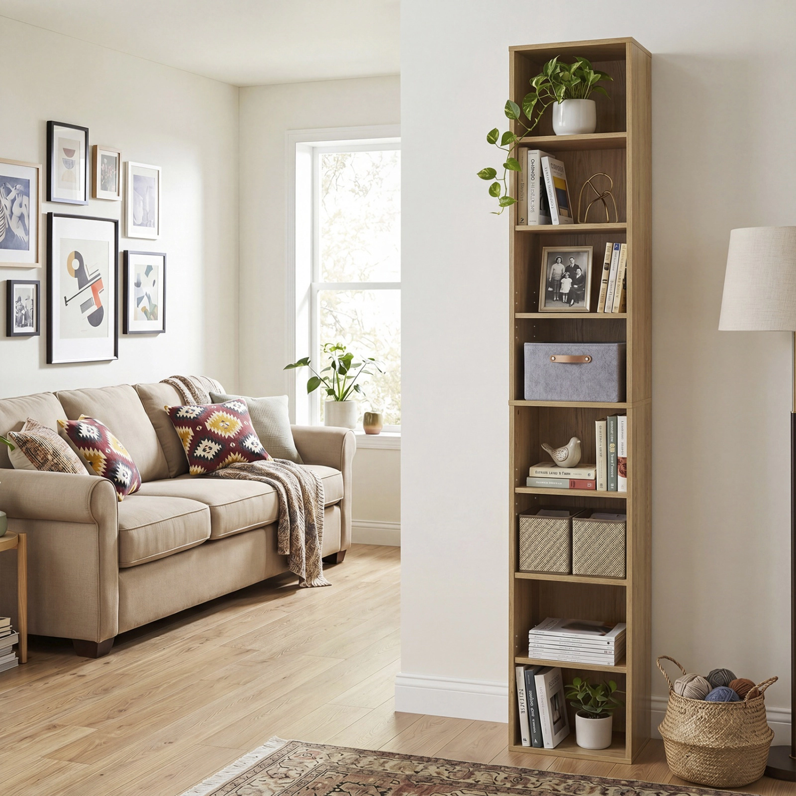 SUGIFT 8-Tier Natural 71-in Tall Narrow Bookshelf 12-in Wide with 4 Adjustable Shelves and Storage Cubes