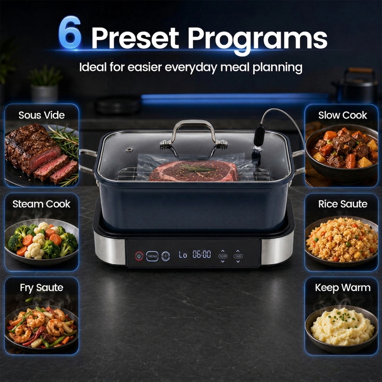 SUGIFT 6-in-1 Programmable Slow Cooker with Sous Vide Probe LED Touch Control and Nonstick Frying Pan Black