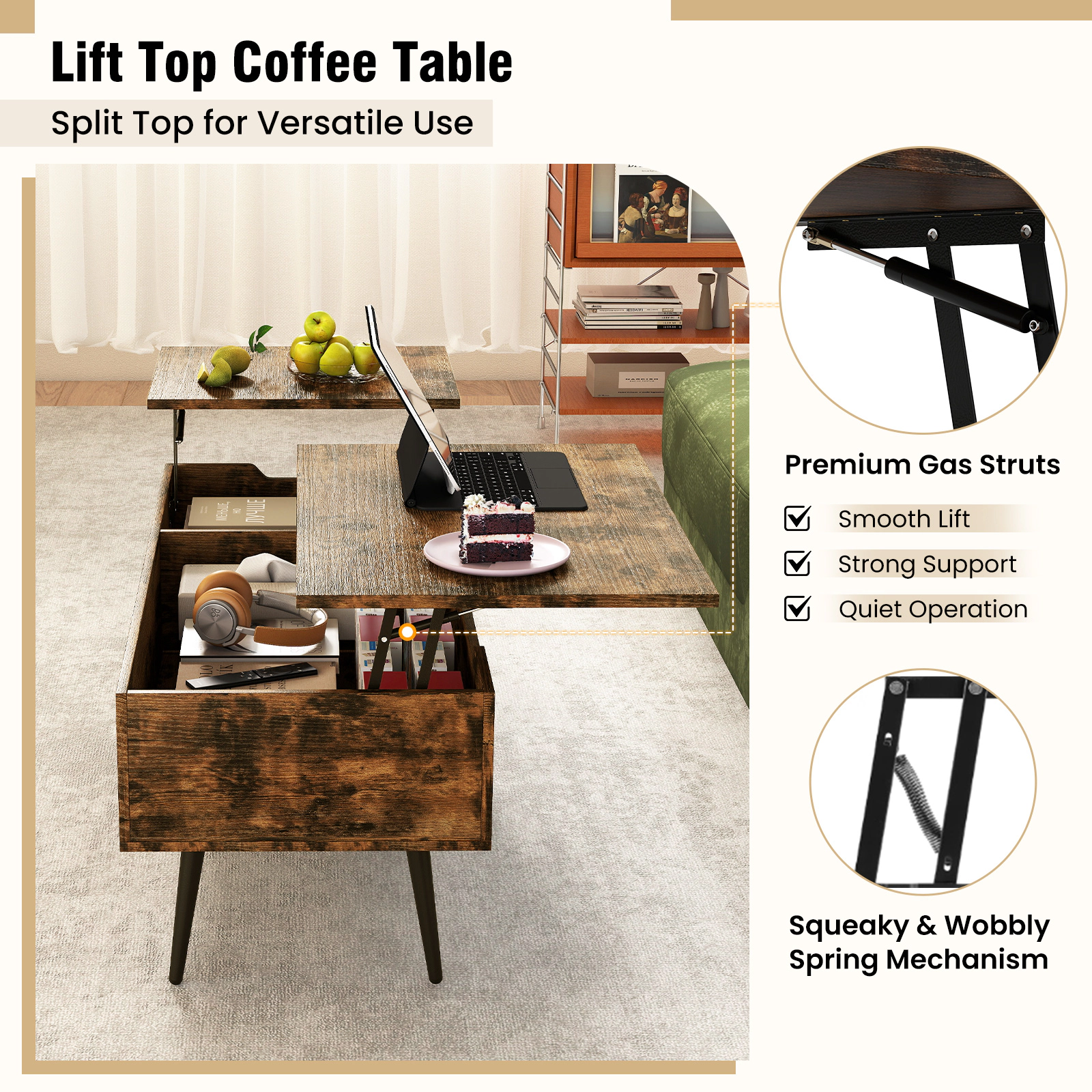 Glintex 47-Inch Dual Lift-Top Coffee Table with 2 Hidden Compartments