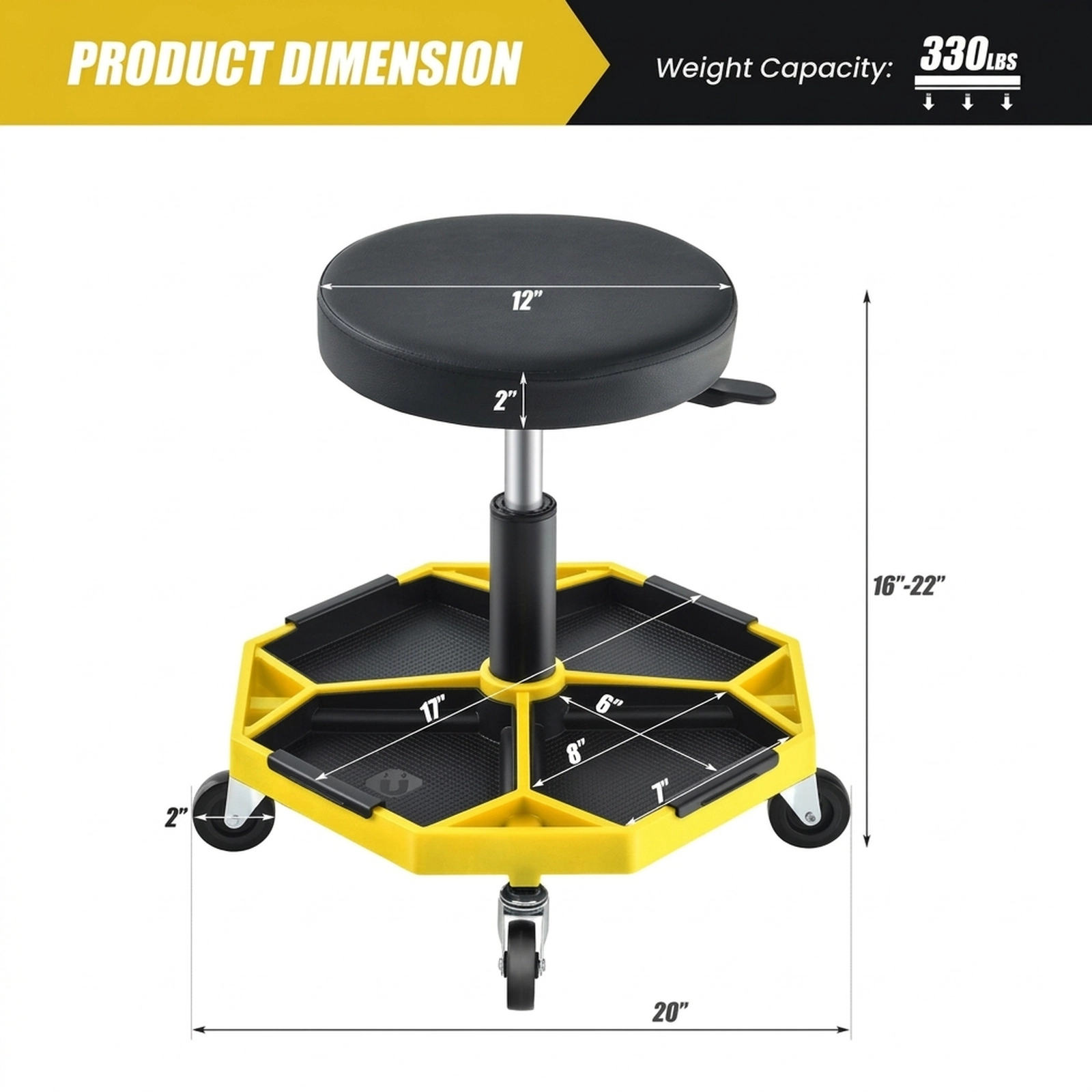 SUGIFT 4 Removable Chassis Magnetic Tool Tray Pneumatic Rolling Mechanic Stool 20-in x 20-in x 16-in 330-lb Yellow