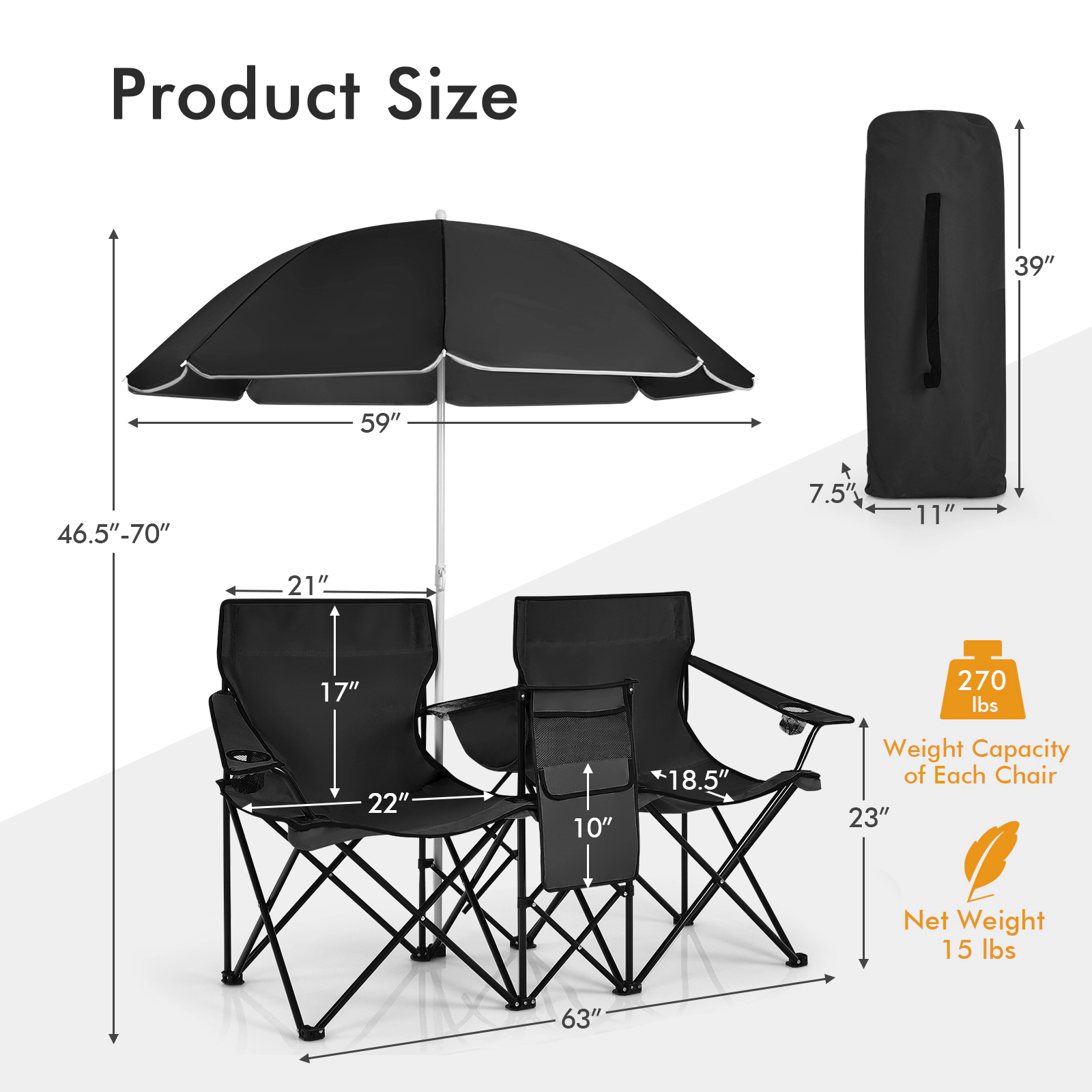 SUGIFT 2-Person 600-lb Capacity Folding Double Chair Loveseat with Height-Adjustable Umbrella and Cooler Bag