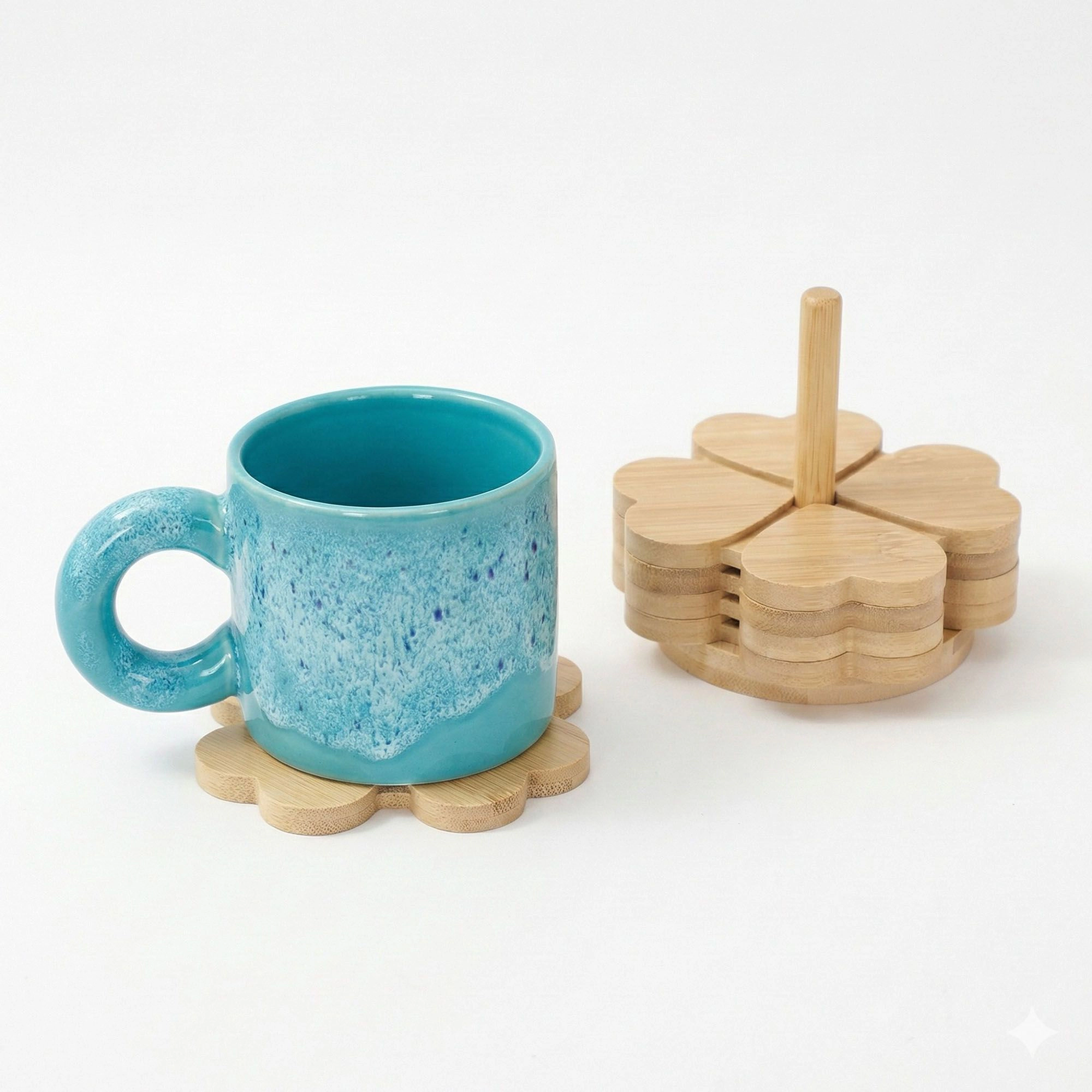 Alilang Unisex 5-Piece Bamboo Flower Shaped Coaster Set with Holder Stand