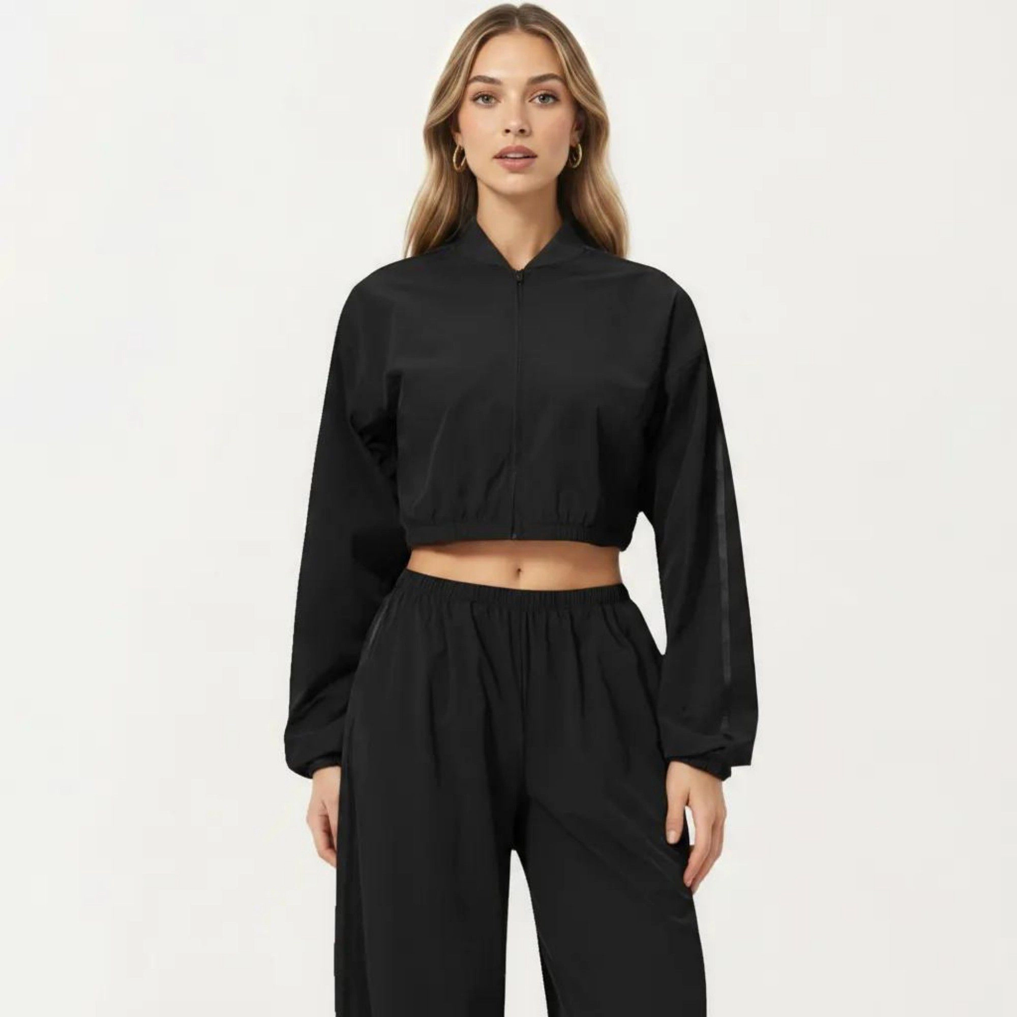 Anna-Kaci Women's Cropped Zip Front Jacket with Elastic Hem and Long Sleeves